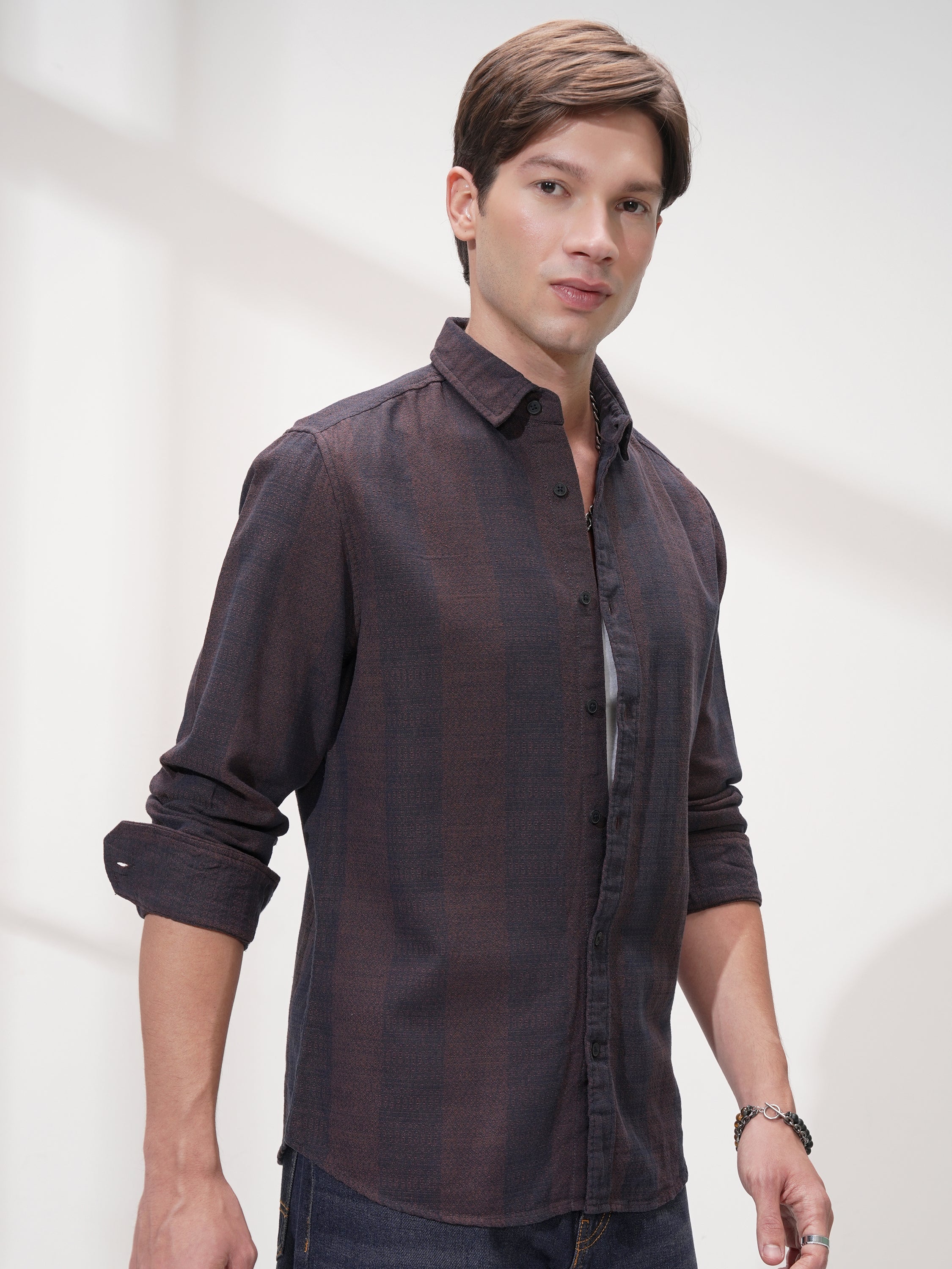 Highlander Men Navy Blue Self Design Slim Fit Casual Shirt - Navy Blue - Image 6