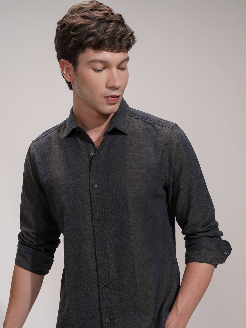 Highlander Men Navy Blue Self Design Slim Fit Casual Shirt - Navy Blue - Image 1