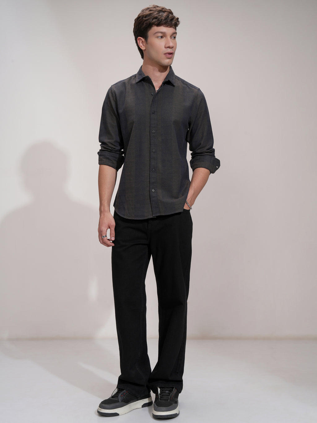 Highlander Men Navy Blue Self Design Slim Fit Casual Shirt - Navy Blue - Image 2