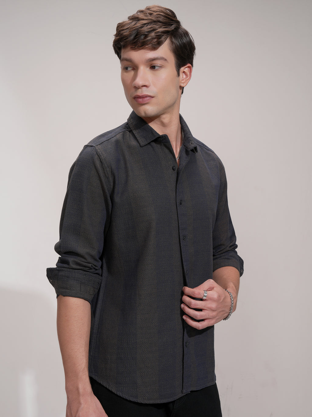 Highlander Men Navy Blue Self Design Slim Fit Casual Shirt - Navy Blue - Image 6