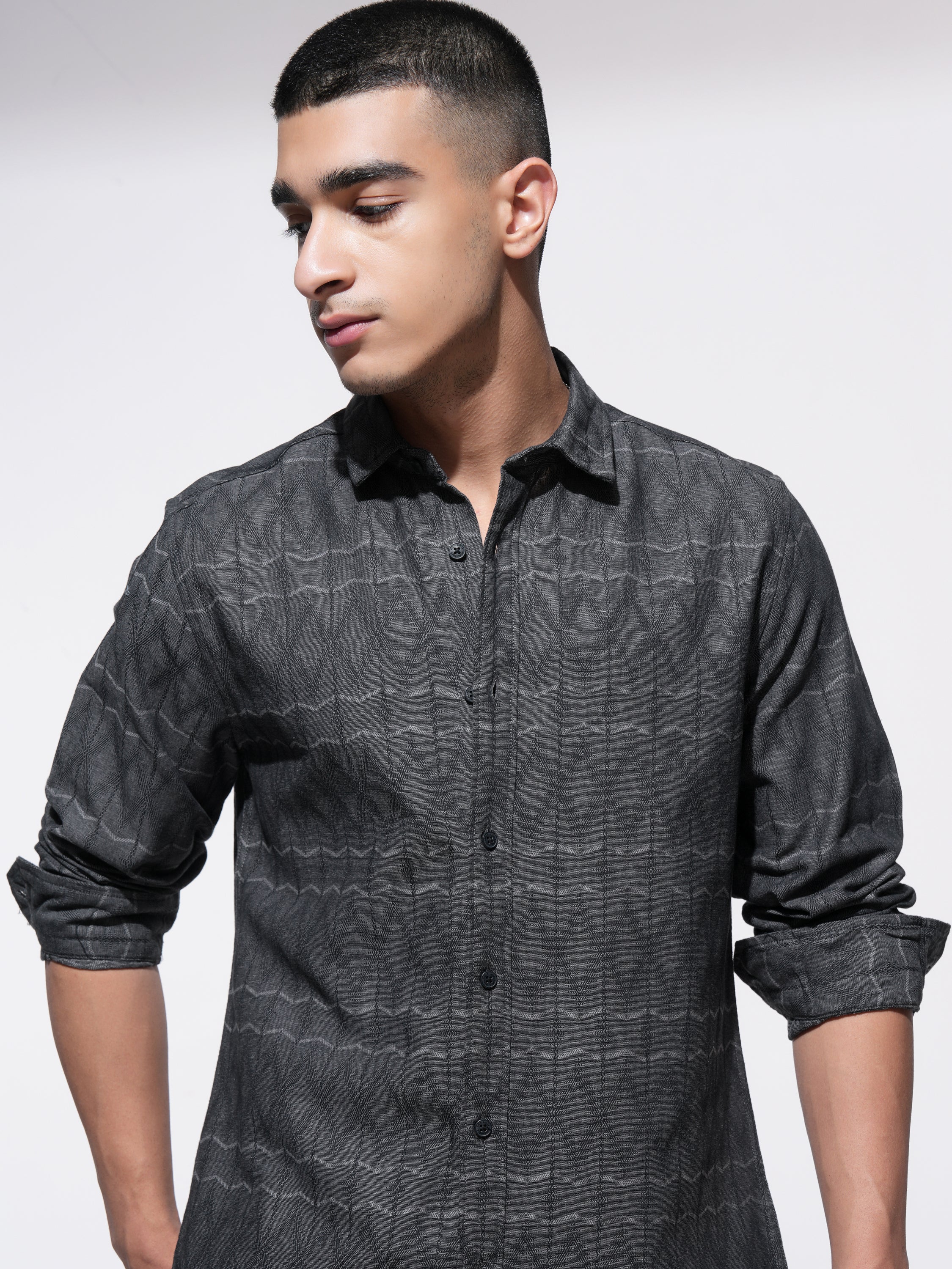 Highlander Men Charcoal Printed Slim Fit Casual Shirt - Charcoal - Image 1