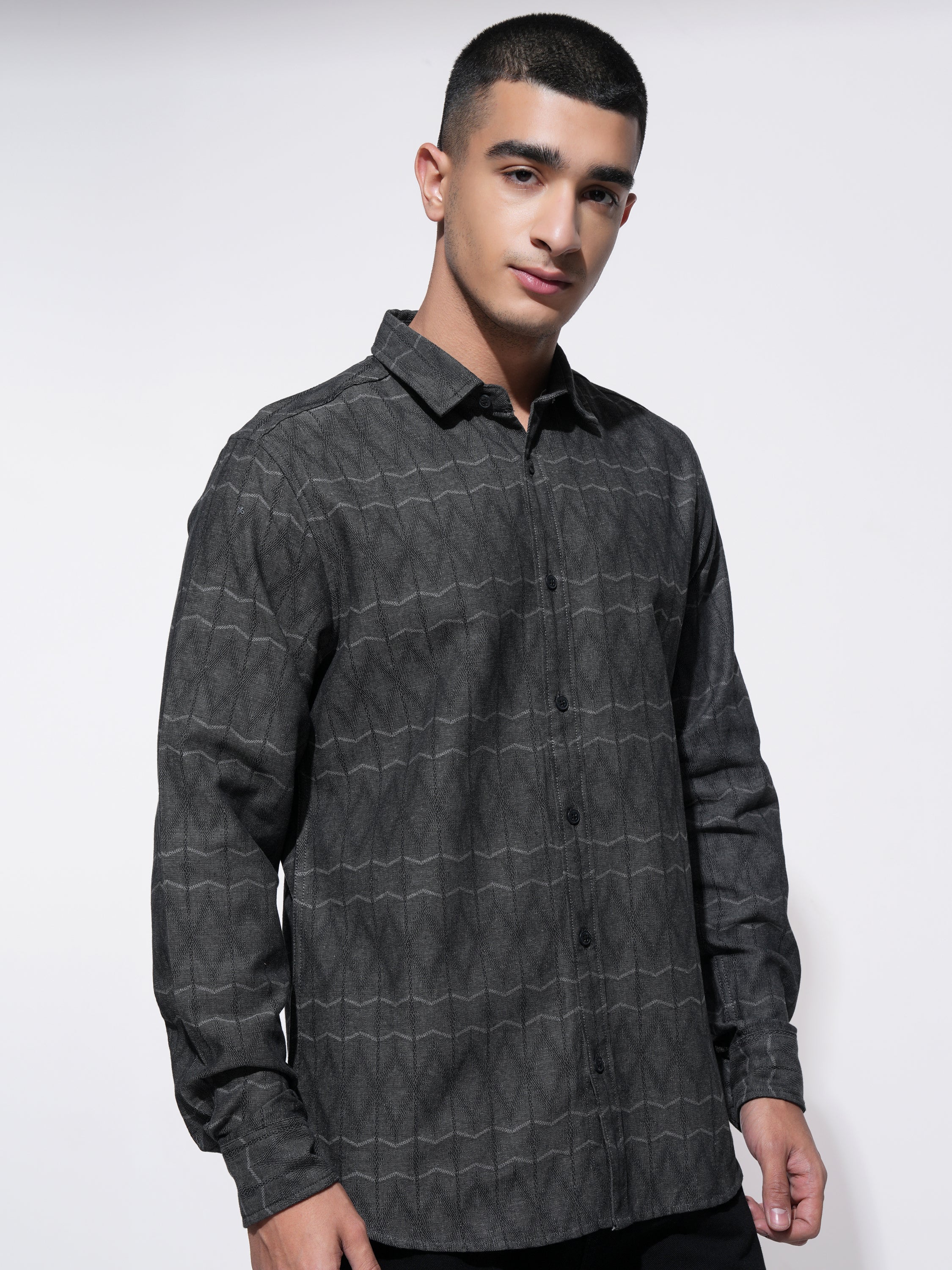 Highlander Men Charcoal Printed Slim Fit Casual Shirt - Charcoal - Image 6