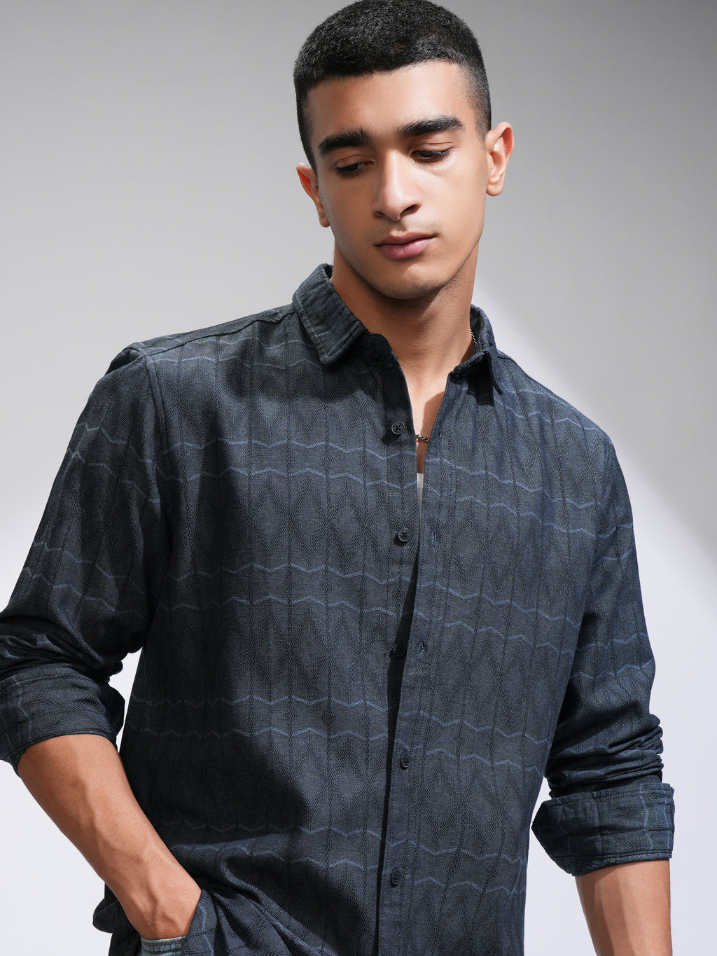Highlander Men Navy Blue Printed Slim Fit Casual Shirt - Navy Blue - Image 1