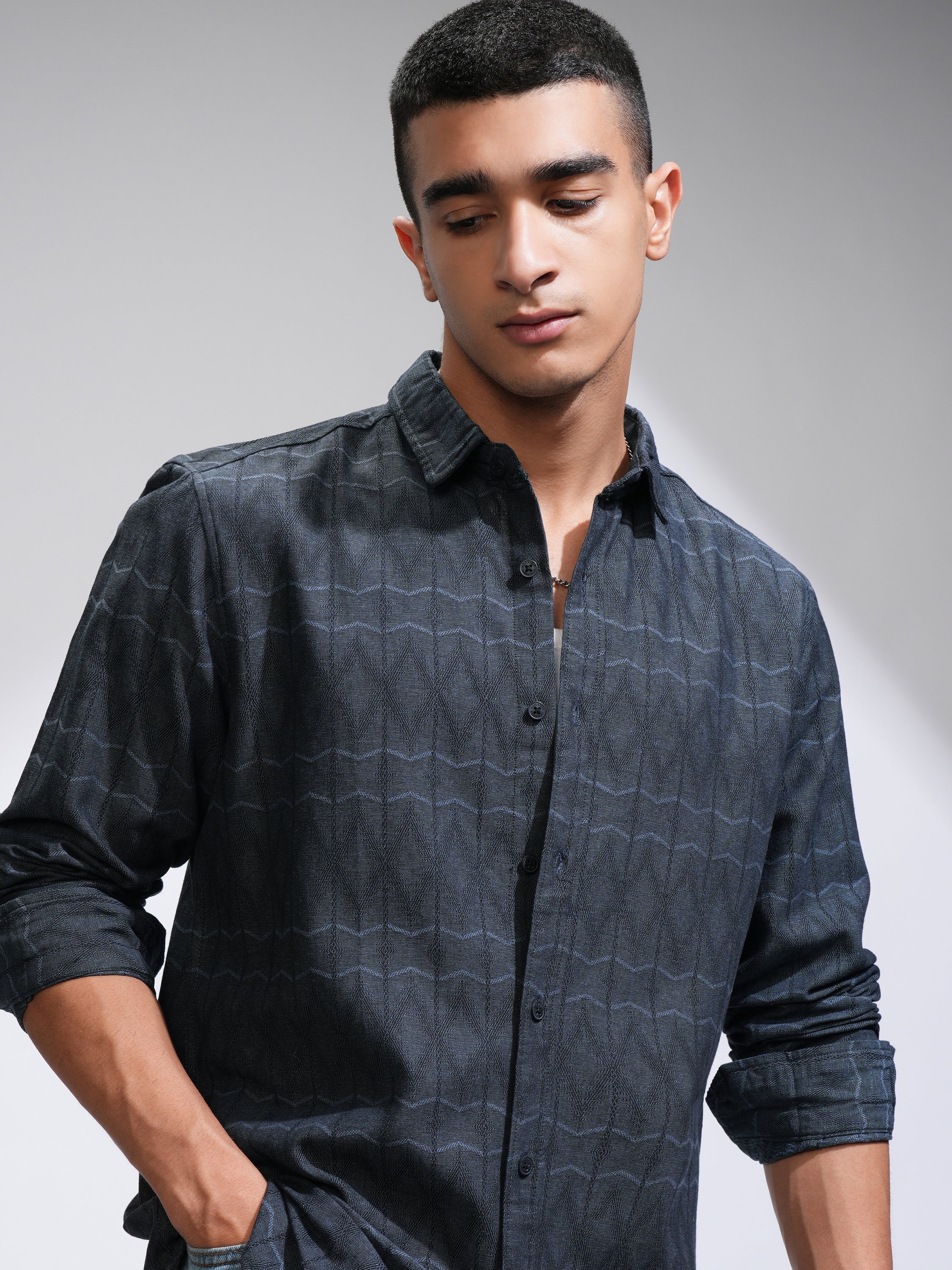 Highlander Men Navy Blue Printed Slim Fit Casual Shirt - Navy Blue - Image 1