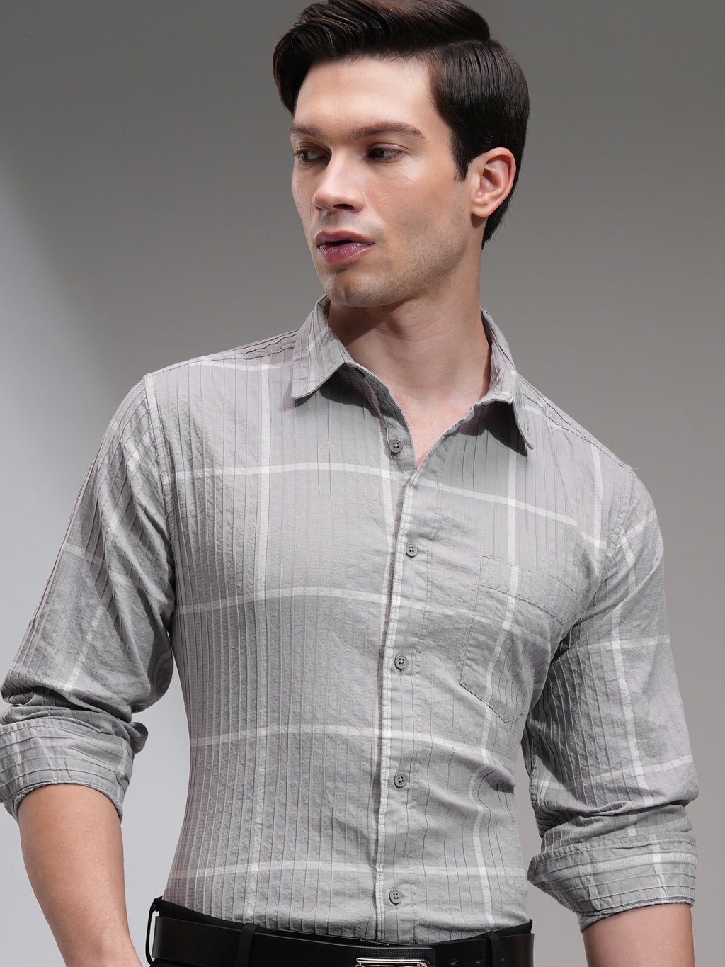 Highlander Men Grey Checked Slim Fit Casual Shirt - Grey - Image 1