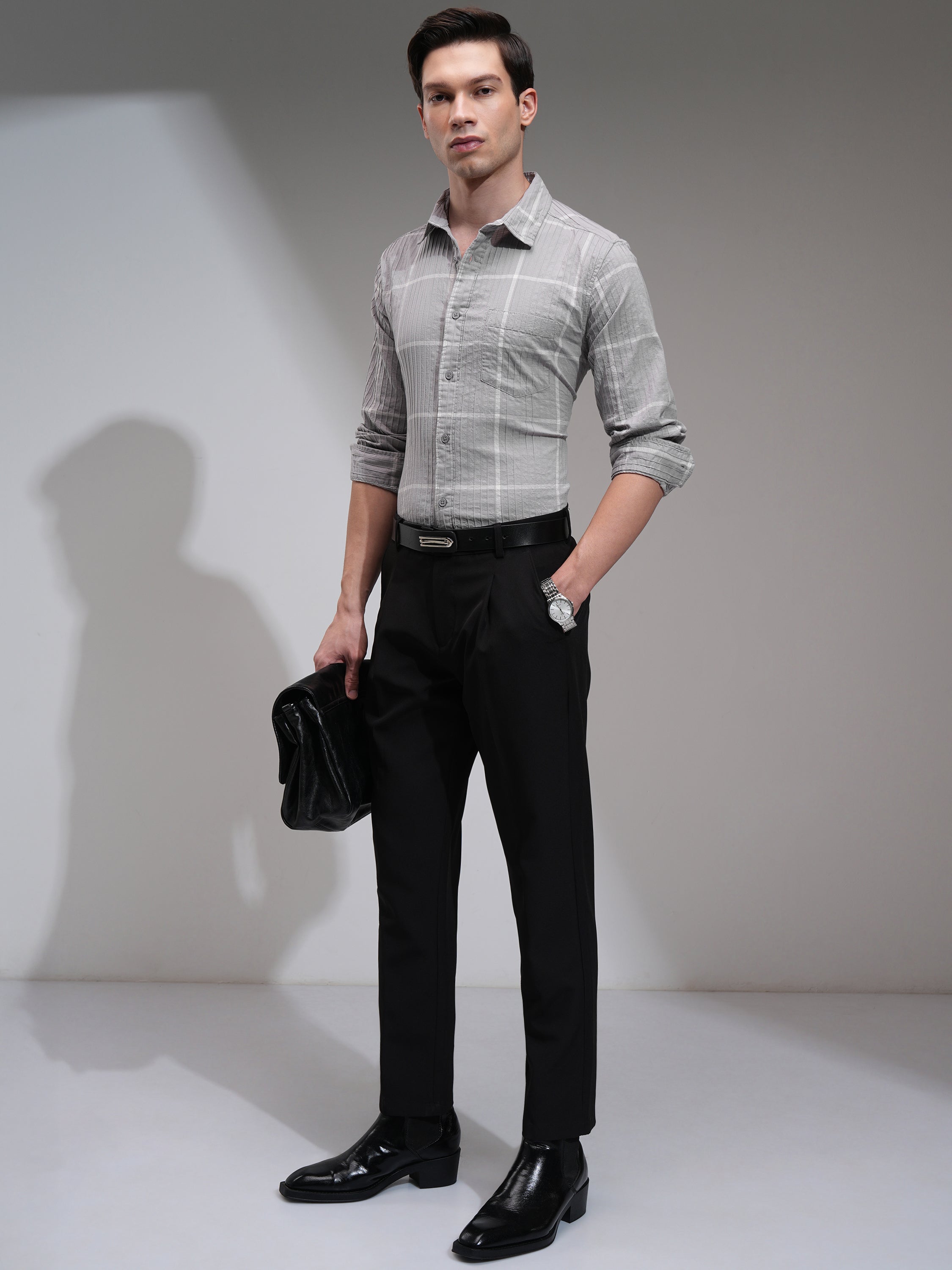Highlander Men Grey Checked Slim Fit Casual Shirt - Grey - Image 2