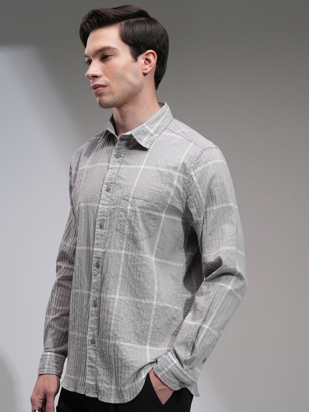 Highlander Men Grey Checked Slim Fit Casual Shirt - Grey - Image 4