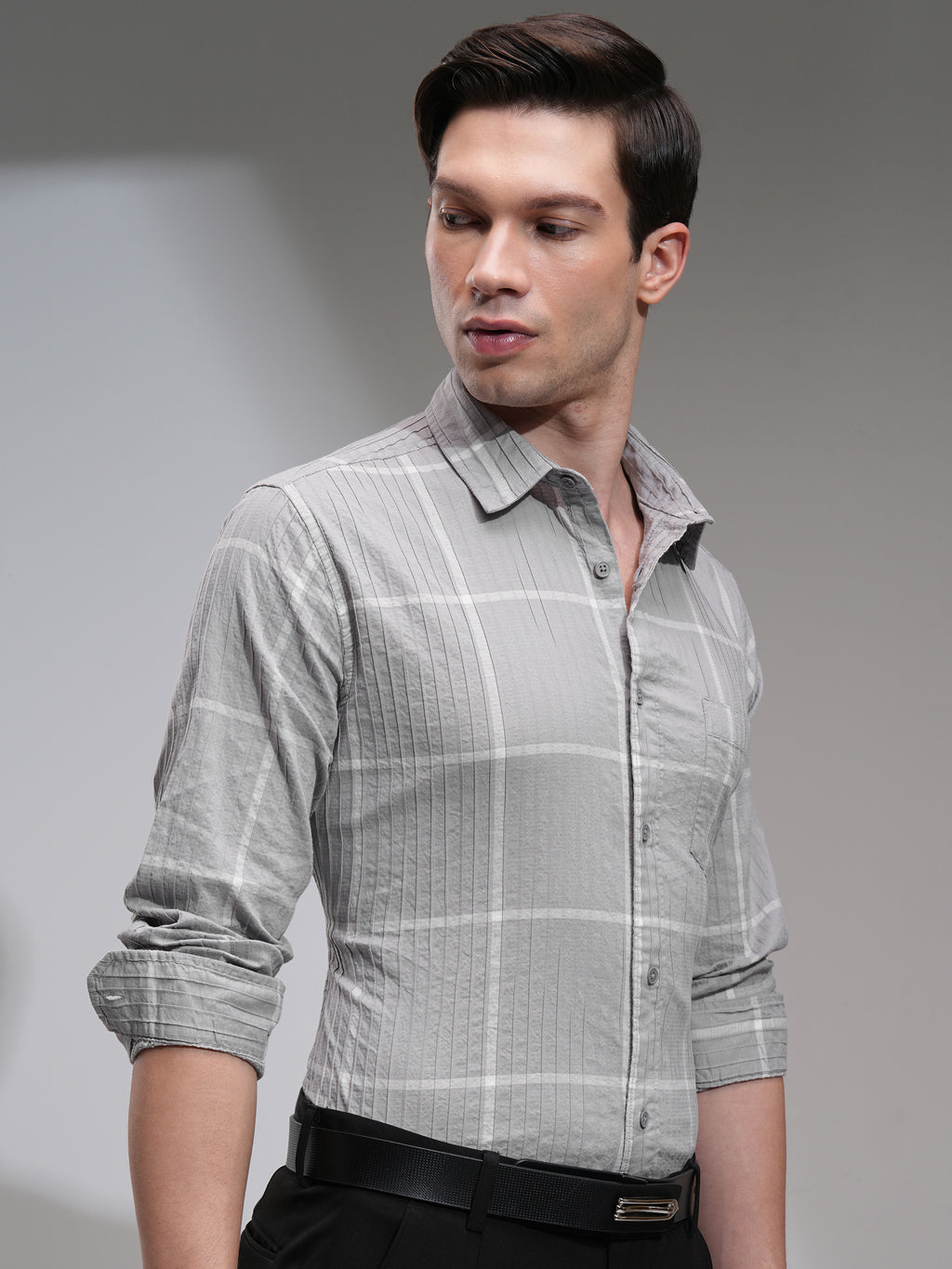 Highlander Men Grey Checked Slim Fit Casual Shirt - Grey - Image 6