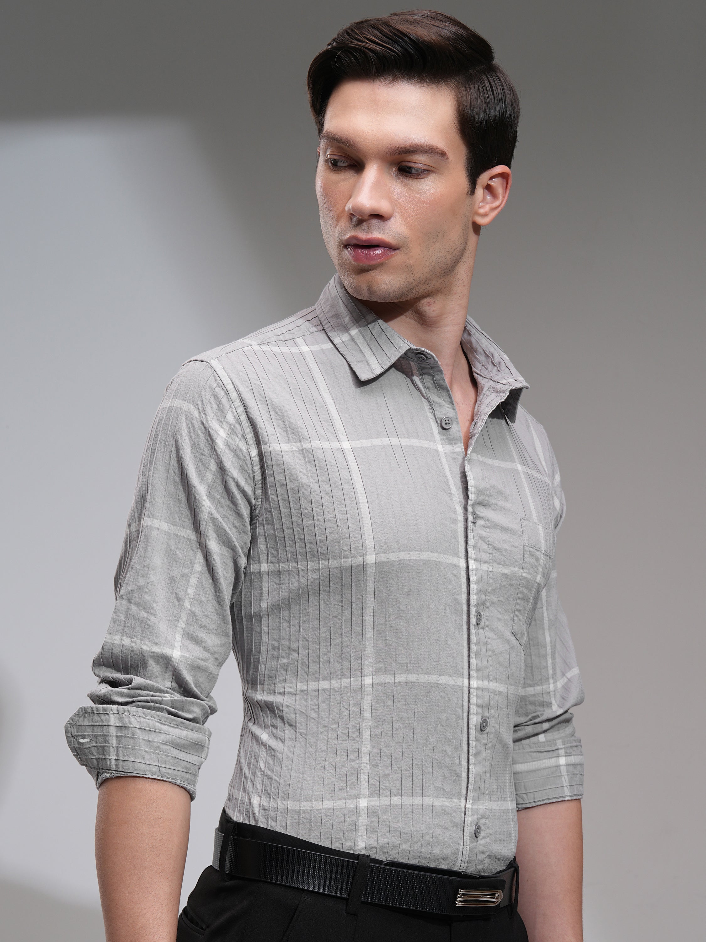 Highlander Men Grey Checked Slim Fit Casual Shirt - Grey - Image 6