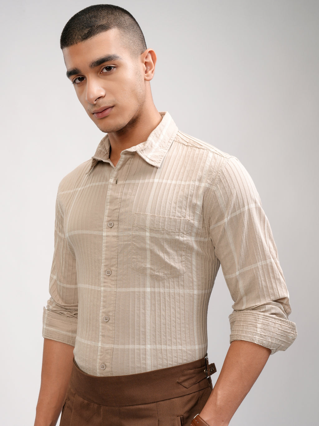 Highlander Men Beige Striped Slim Fit Casual Shirt - Beige - Image 4