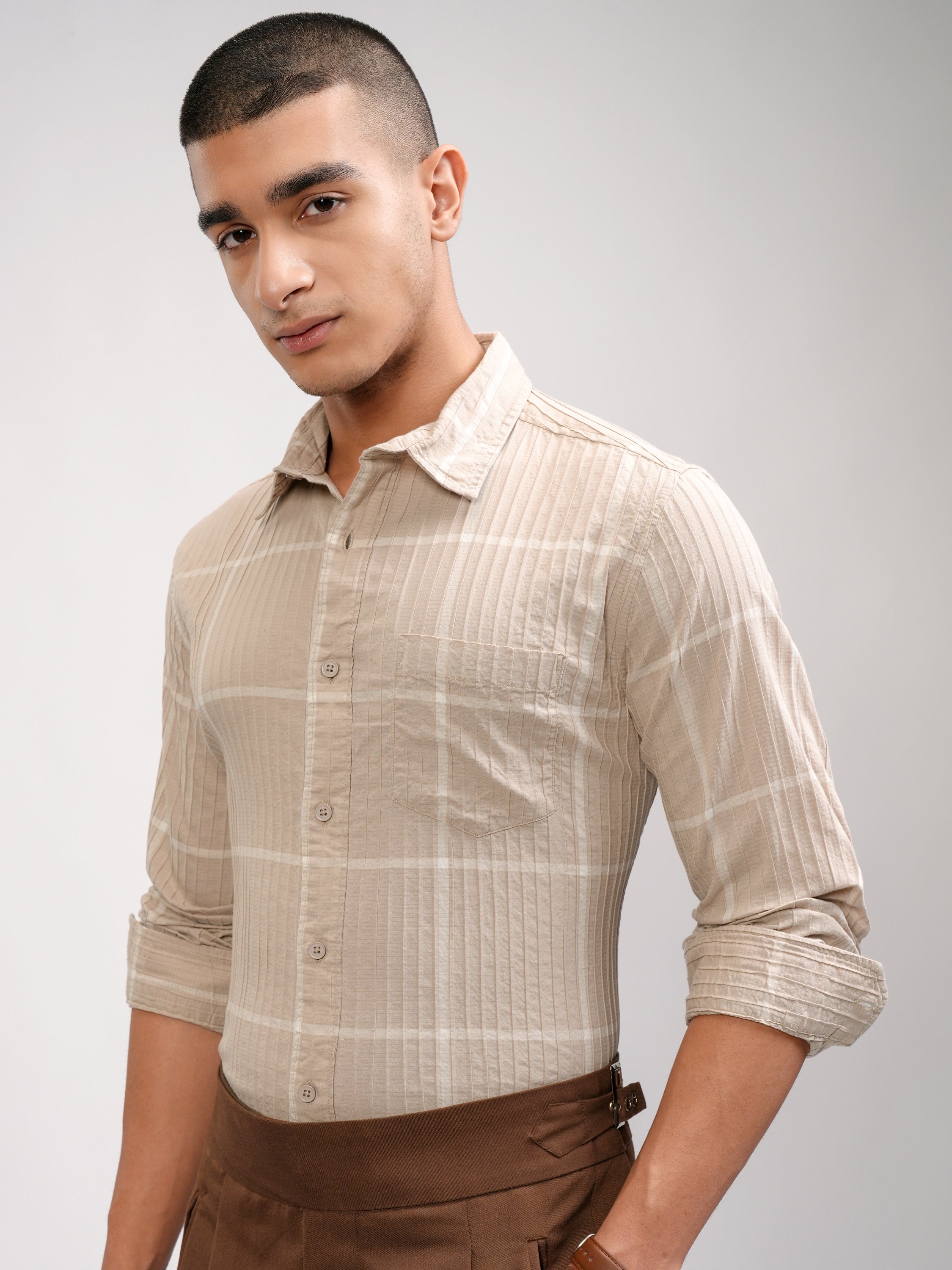 Highlander Men Beige Striped Slim Fit Casual Shirt - Beige - Image 4