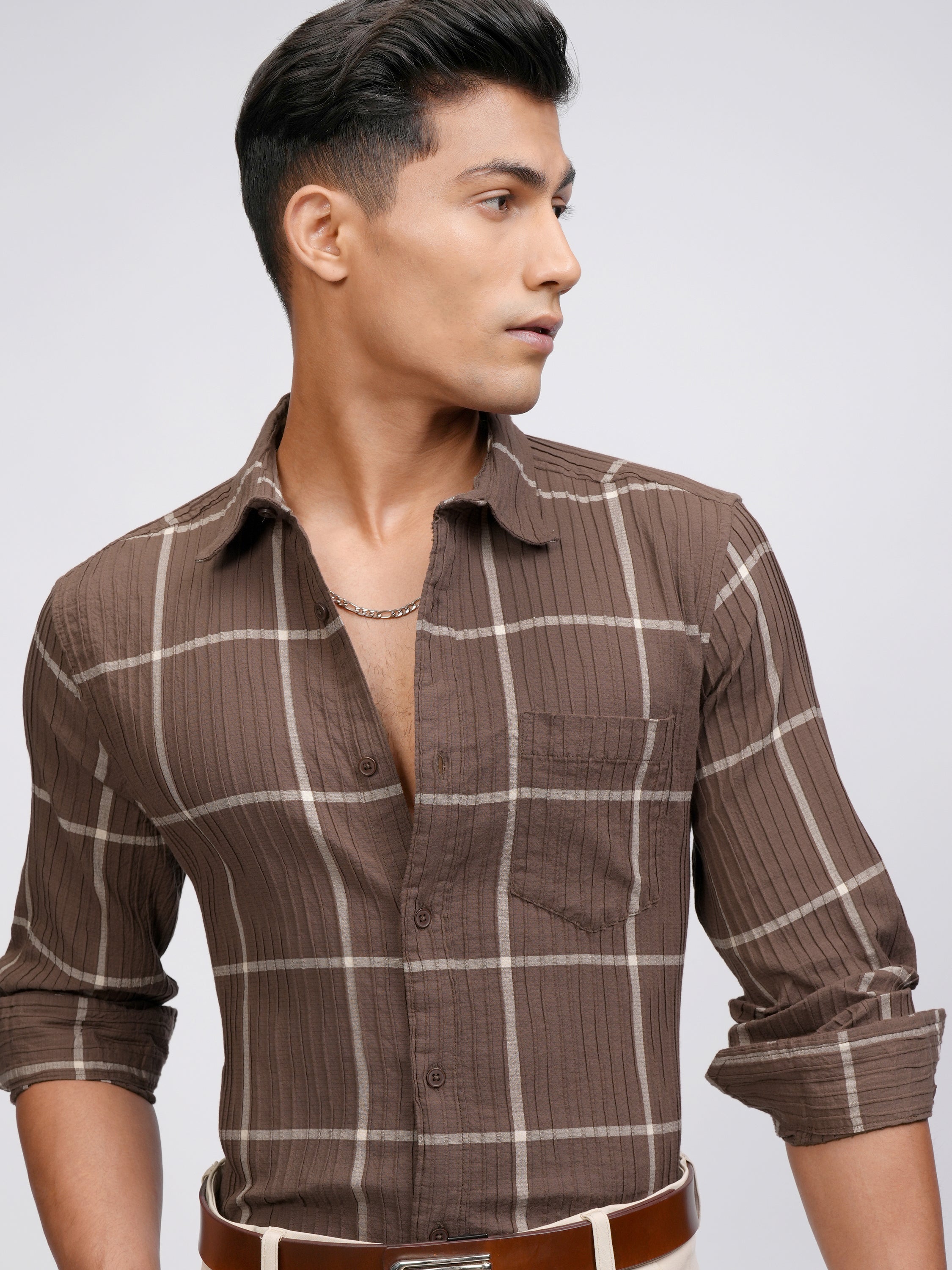 Highlander Men Brown Checked Slim Fit Casual Shirt - Brown - Image 1