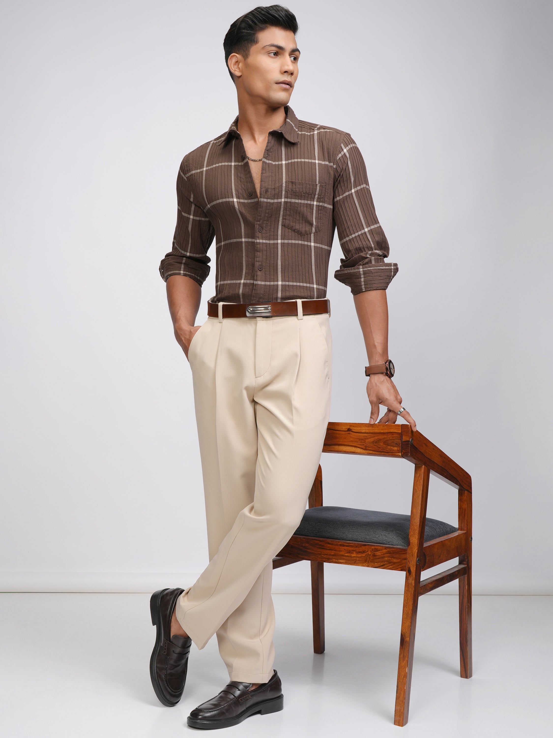 Highlander Men Brown Checked Slim Fit Casual Shirt - Brown - Image 2