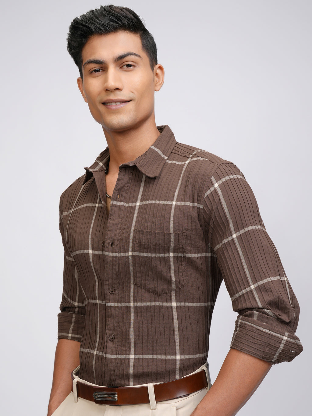 Highlander Men Brown Checked Slim Fit Casual Shirt - Brown - Image 4