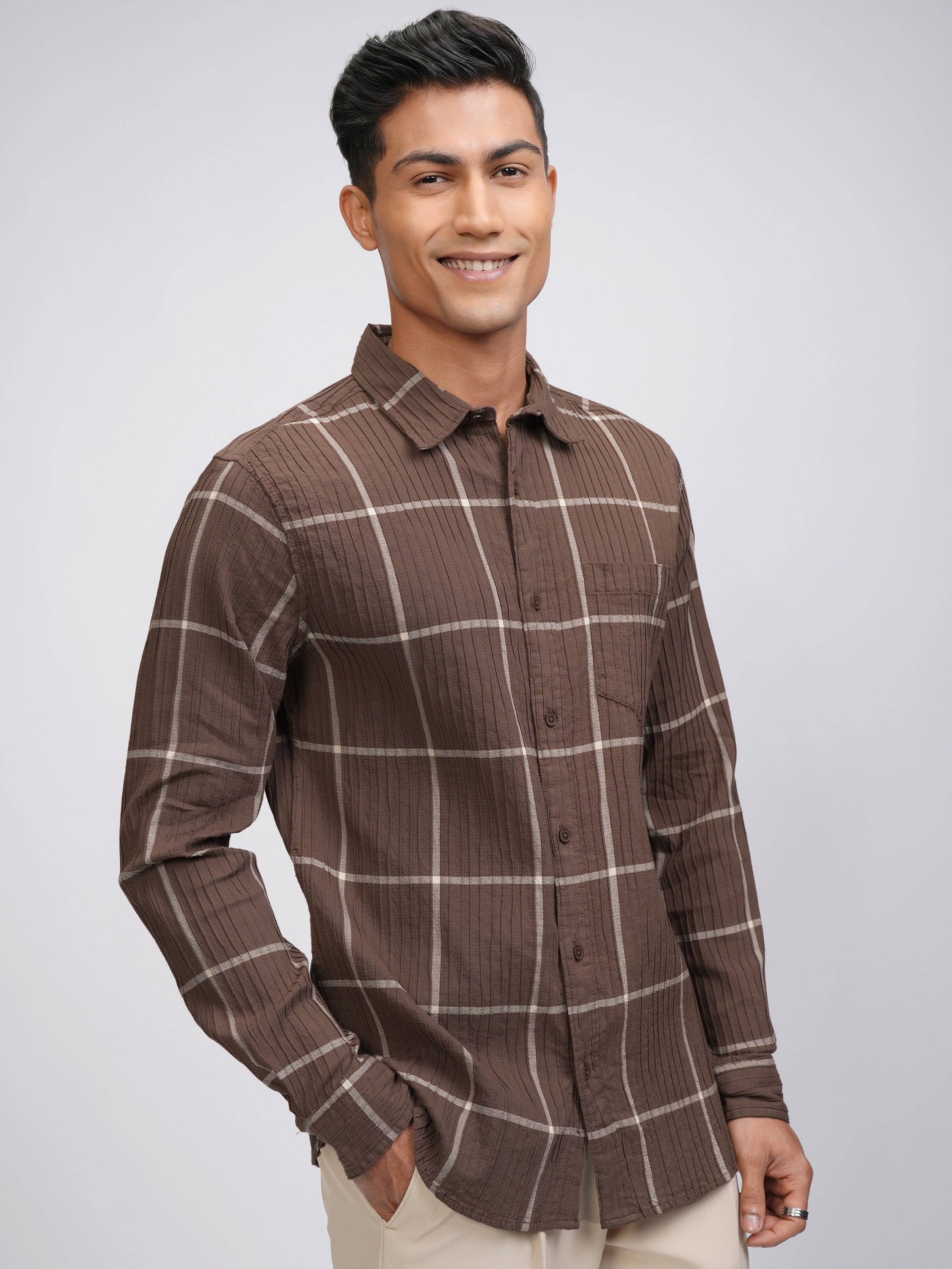 Highlander Men Brown Checked Slim Fit Casual Shirt - Brown - Image 6