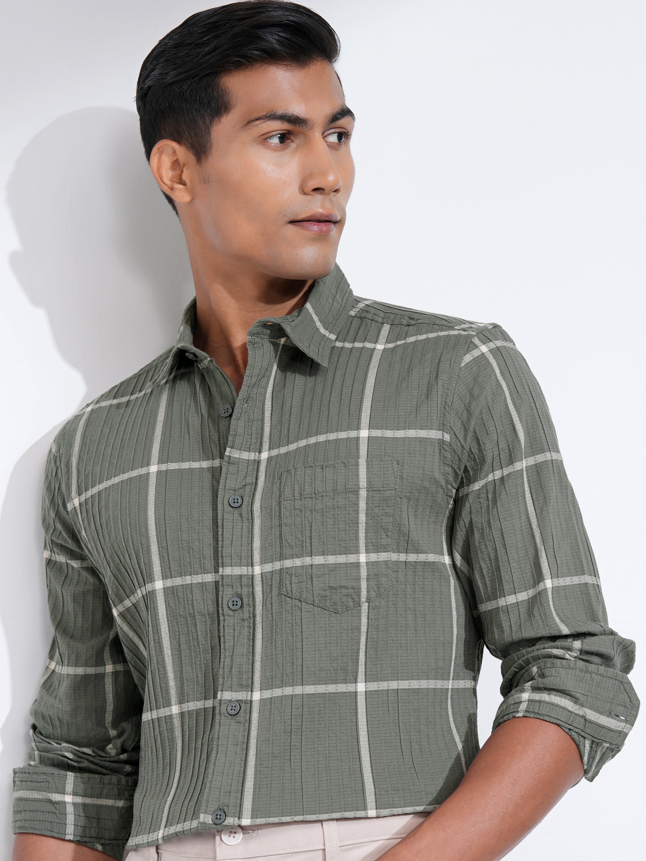 Highlander Men Olive Checked Slim Fit Casual Shirt - Olive - Image 1