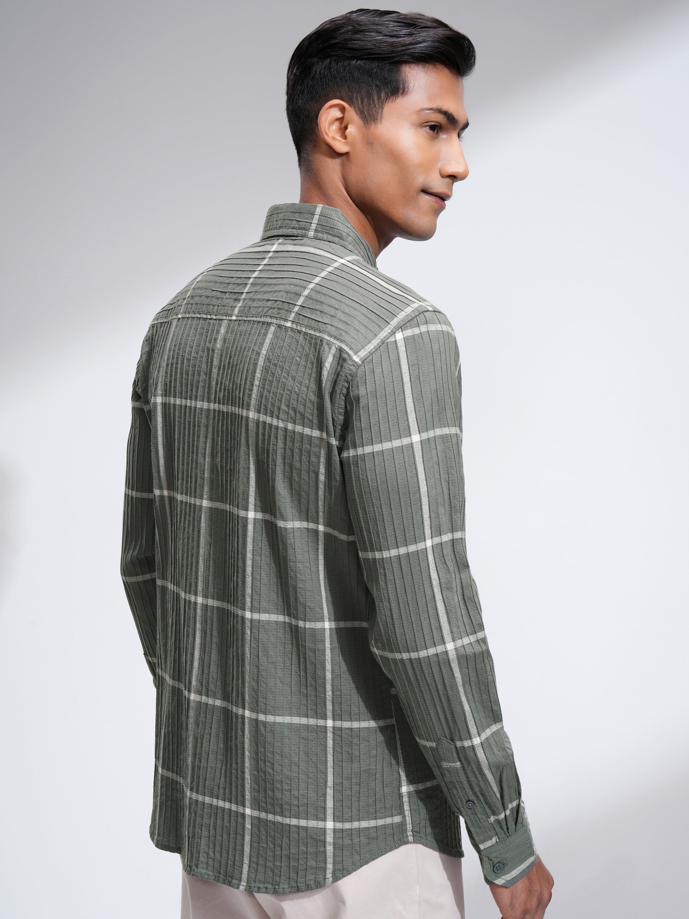 Highlander Men Olive Checked Slim Fit Casual Shirt - Olive - Image 3