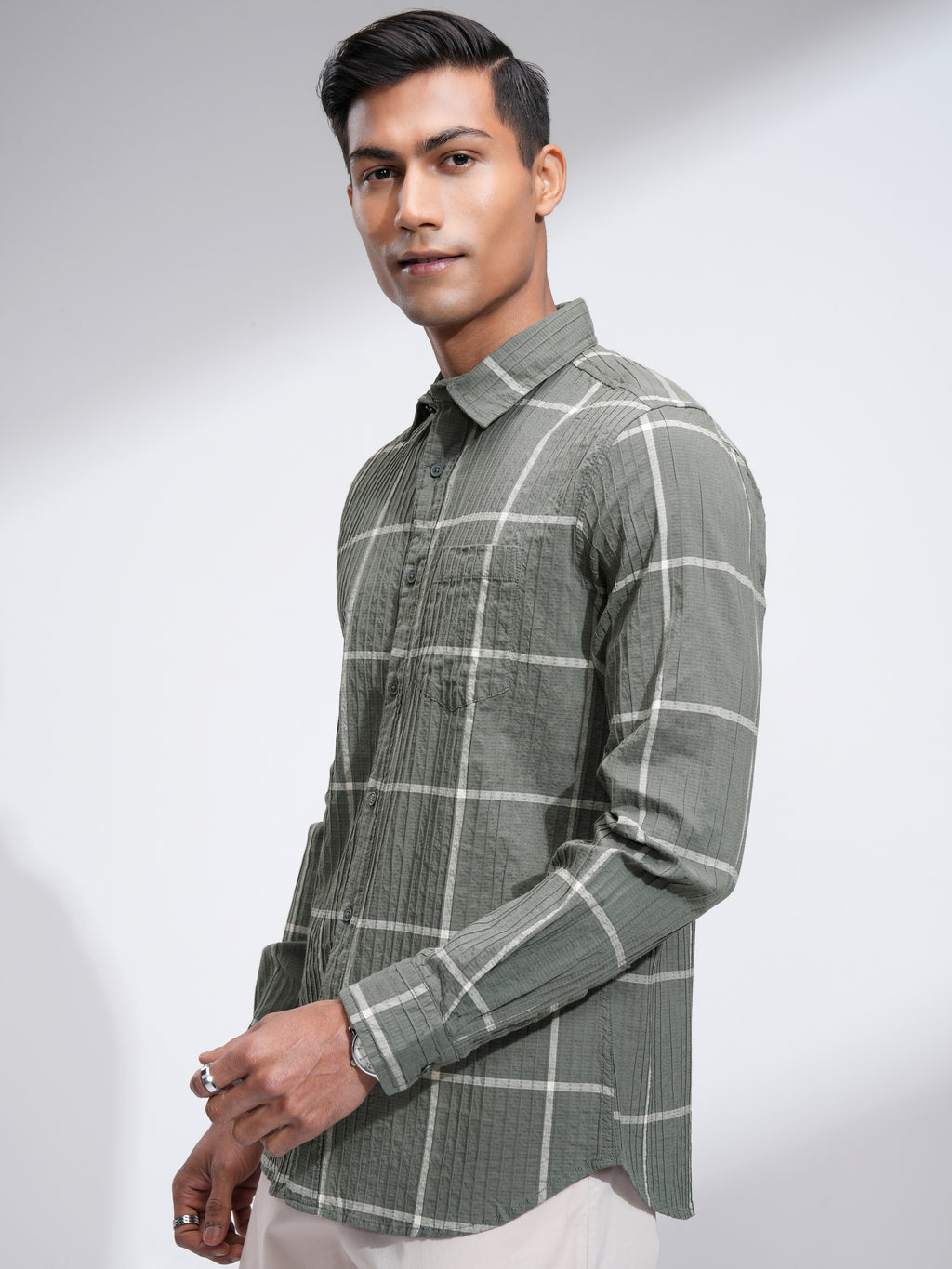 Highlander Men Olive Checked Slim Fit Casual Shirt - Olive - Image 4