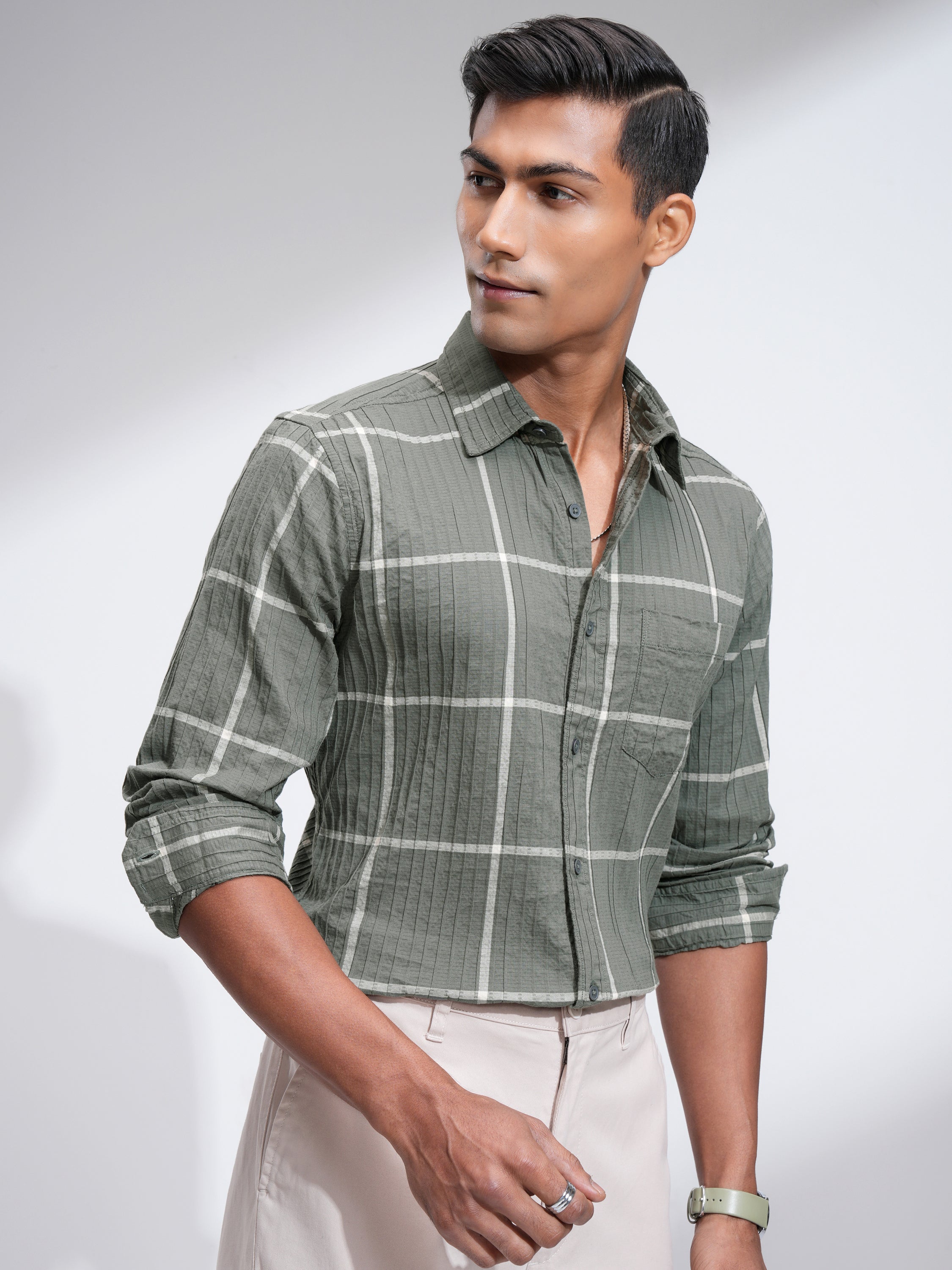 Highlander Men Olive Checked Slim Fit Casual Shirt - Olive - Image 6