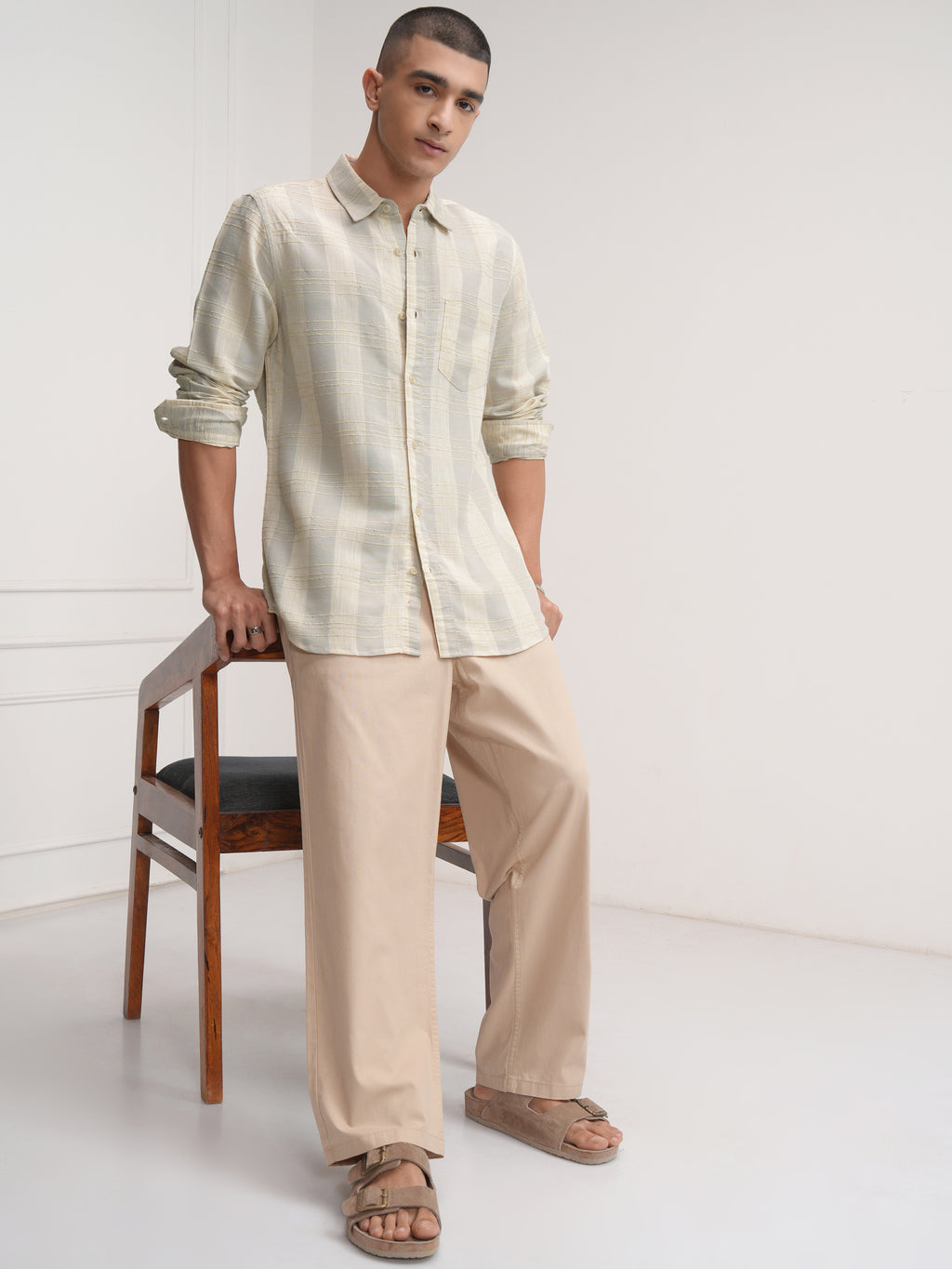 Highlander Men Beige Checked Slim Fit Casual Shirt - Beige - Image 2