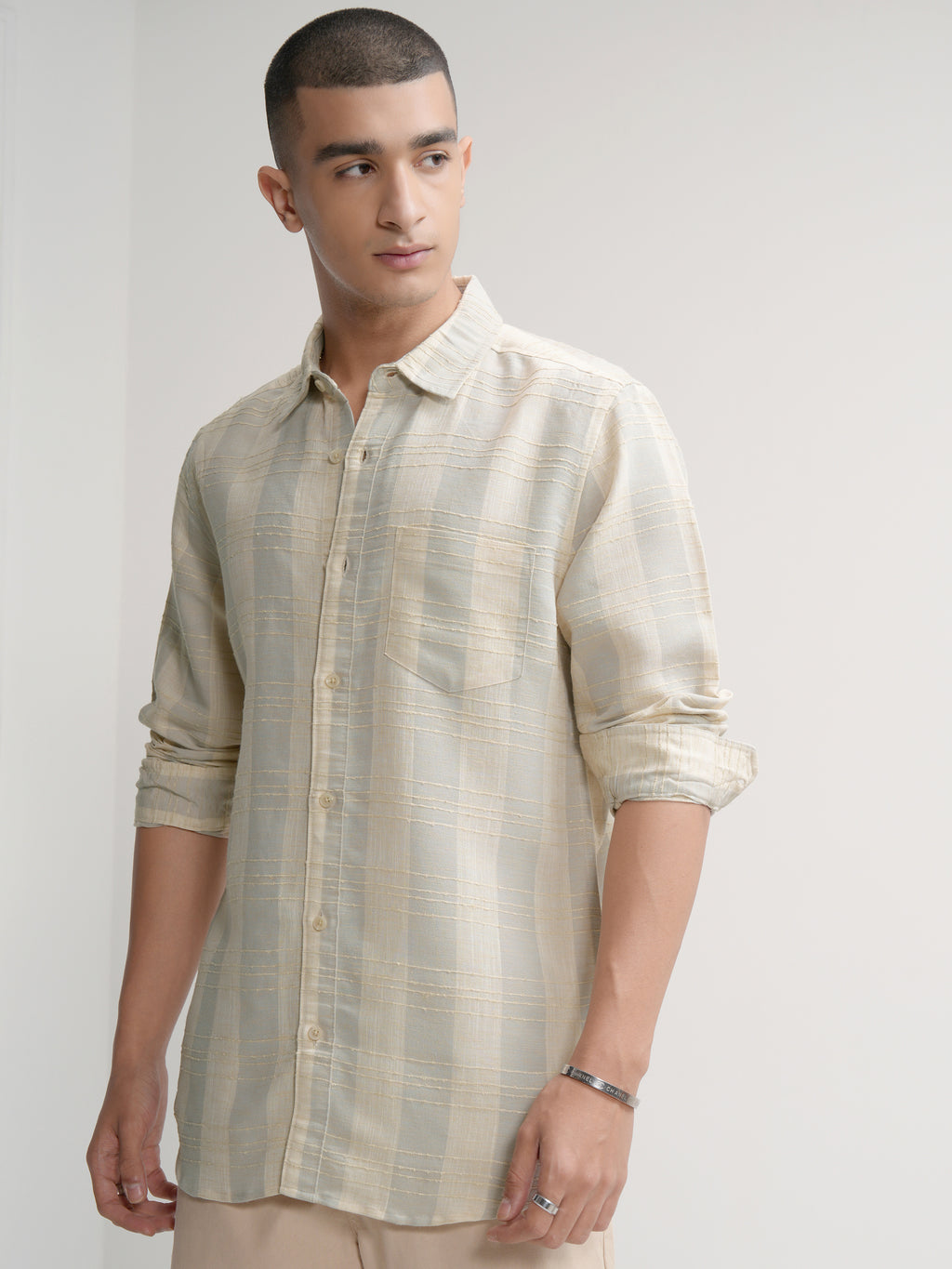 Highlander Men Beige Checked Slim Fit Casual Shirt - Beige - Image 4