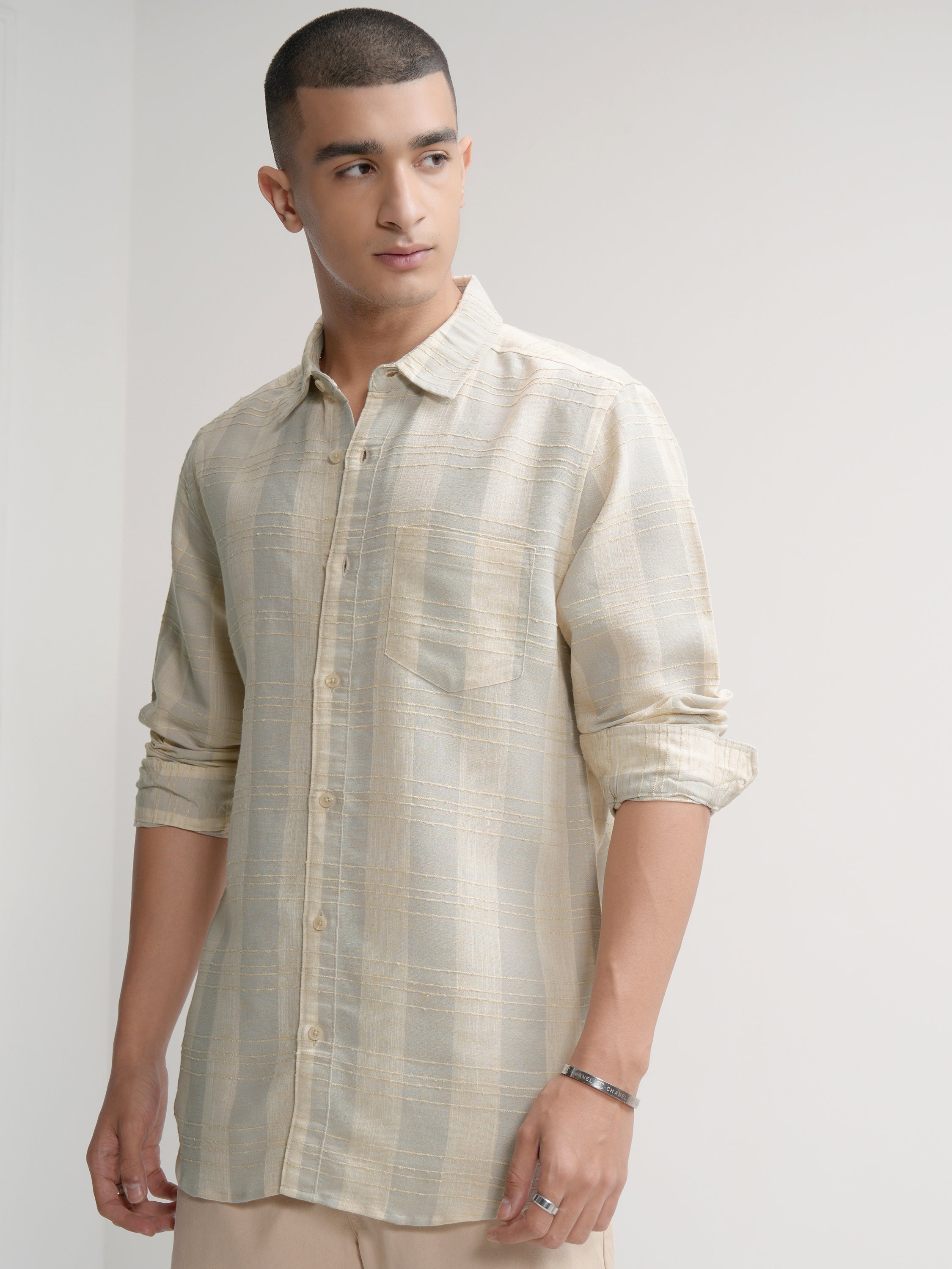 Highlander Men Beige Checked Slim Fit Casual Shirt - Beige - Image 4