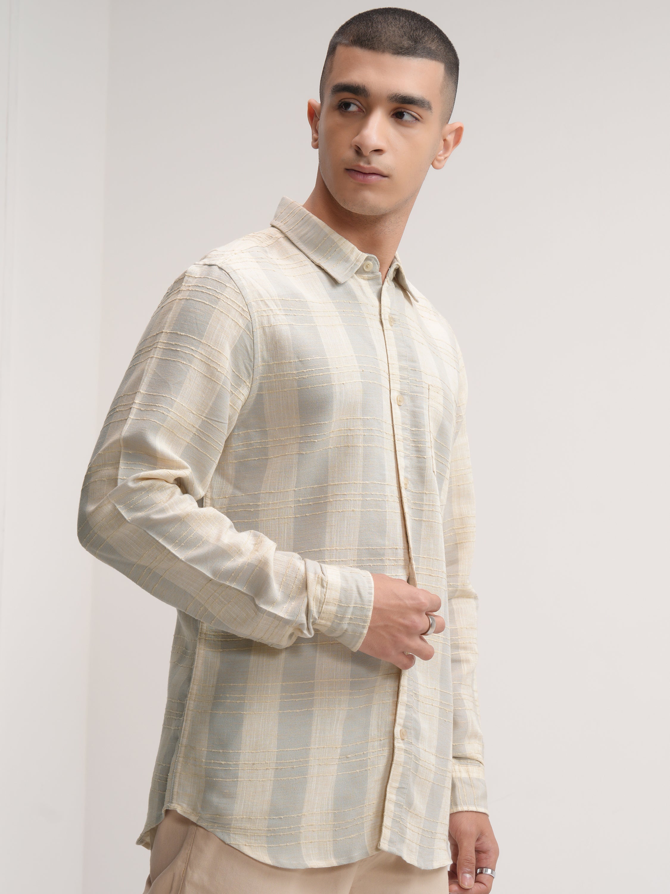 Highlander Men Beige Checked Slim Fit Casual Shirt - Beige - Image 6