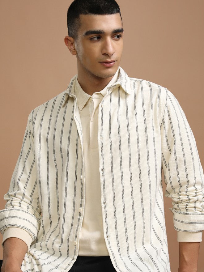 Highlander Men Cream Striped Slim Fit Casual Shirt - Cream - Image 1