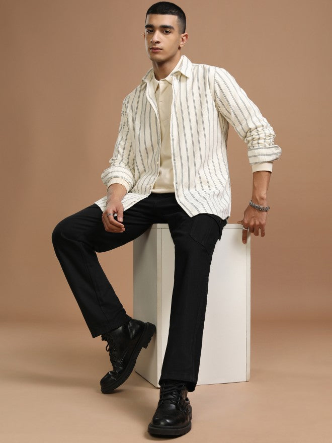 Highlander Men Cream Striped Slim Fit Casual Shirt - Cream - Image 2