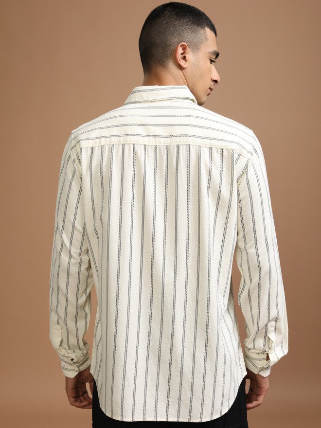 Highlander Men Cream Striped Slim Fit Casual Shirt - Cream - Image 3