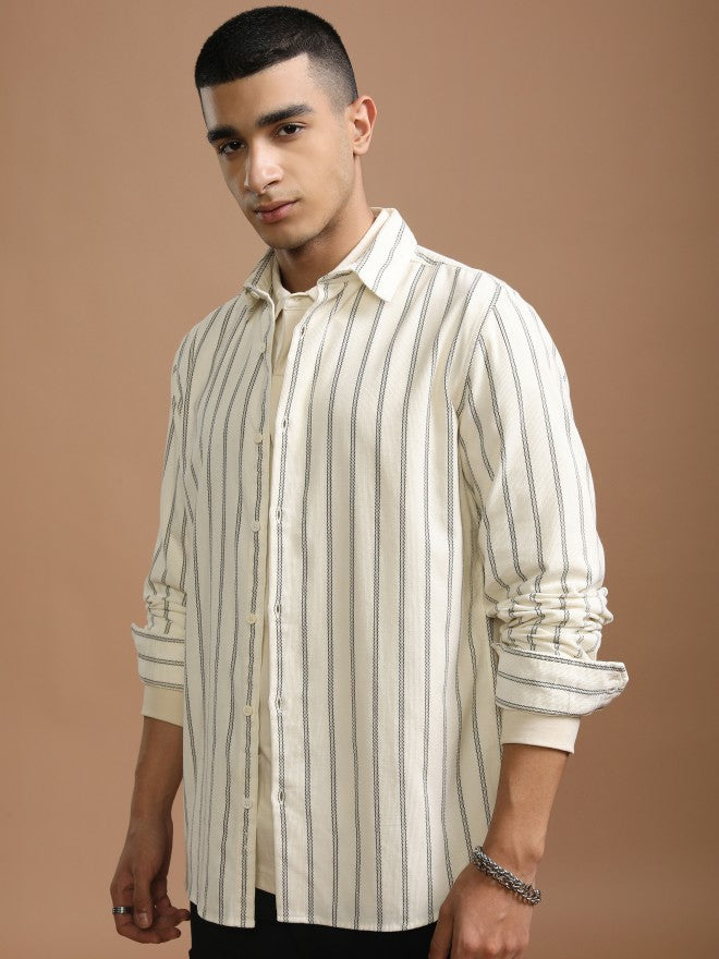 Highlander Men Cream Striped Slim Fit Casual Shirt - Cream - Image 4