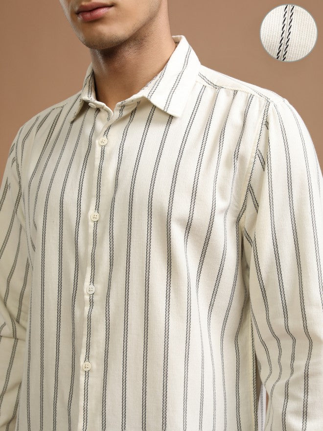 Highlander Men Cream Striped Slim Fit Casual Shirt - Cream - Image 5