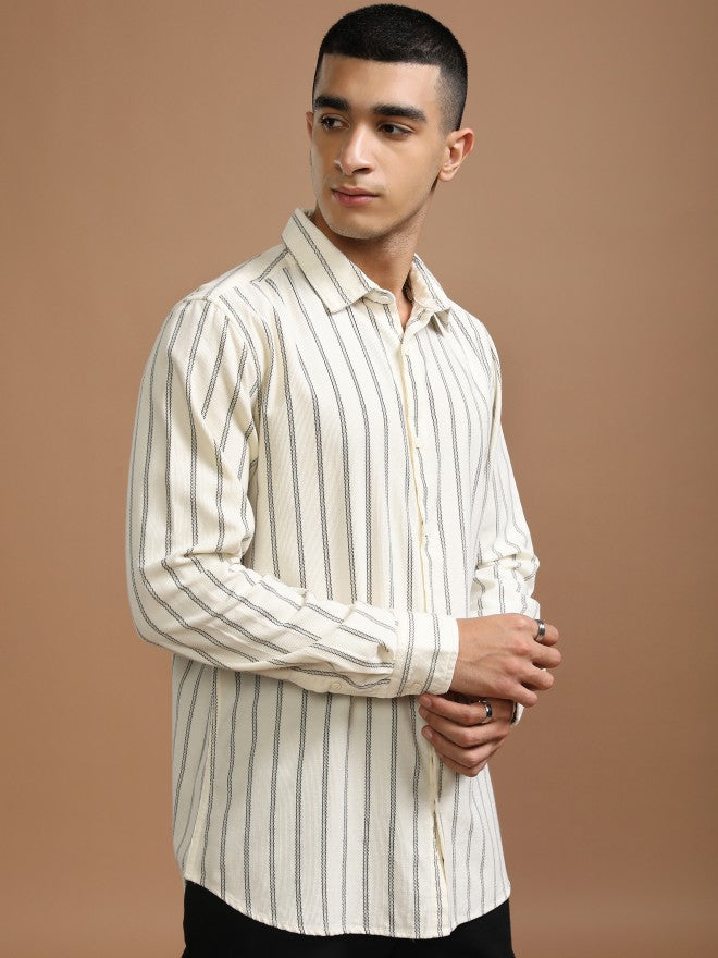Highlander Men Cream Striped Slim Fit Casual Shirt - Cream - Image 6