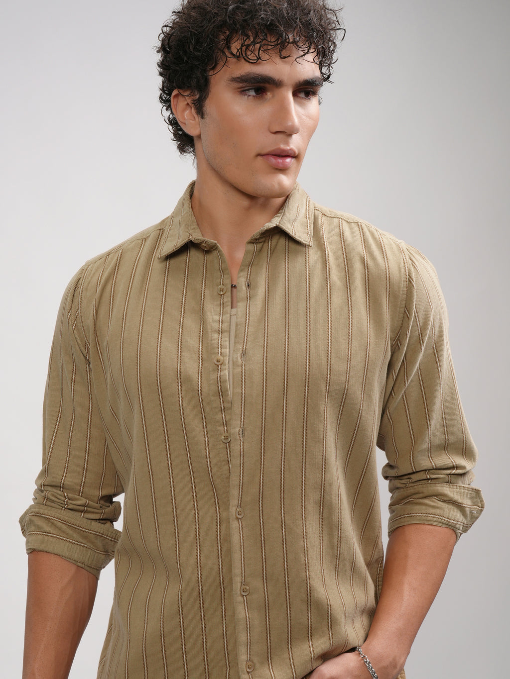 Highlander Men Khaki Striped Slim Fit Casual Shirt - Khaki - Image 1