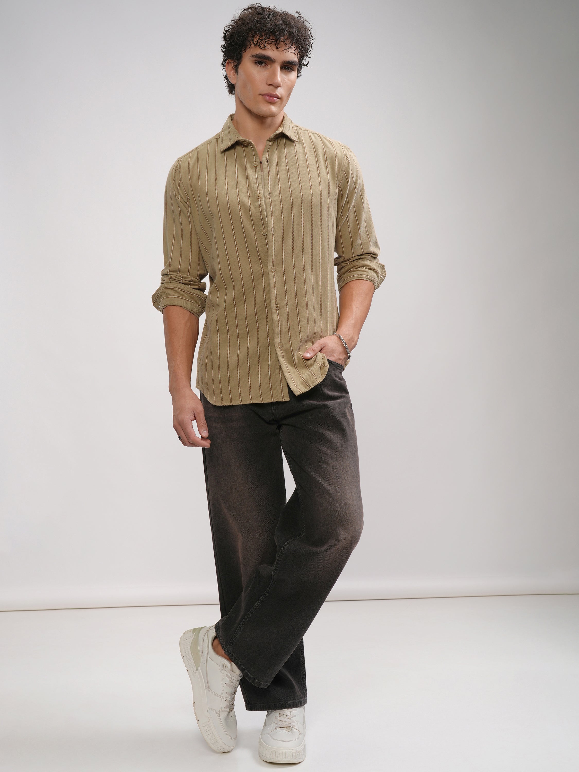 Highlander Men Khaki Striped Slim Fit Casual Shirt - Khaki - Image 2