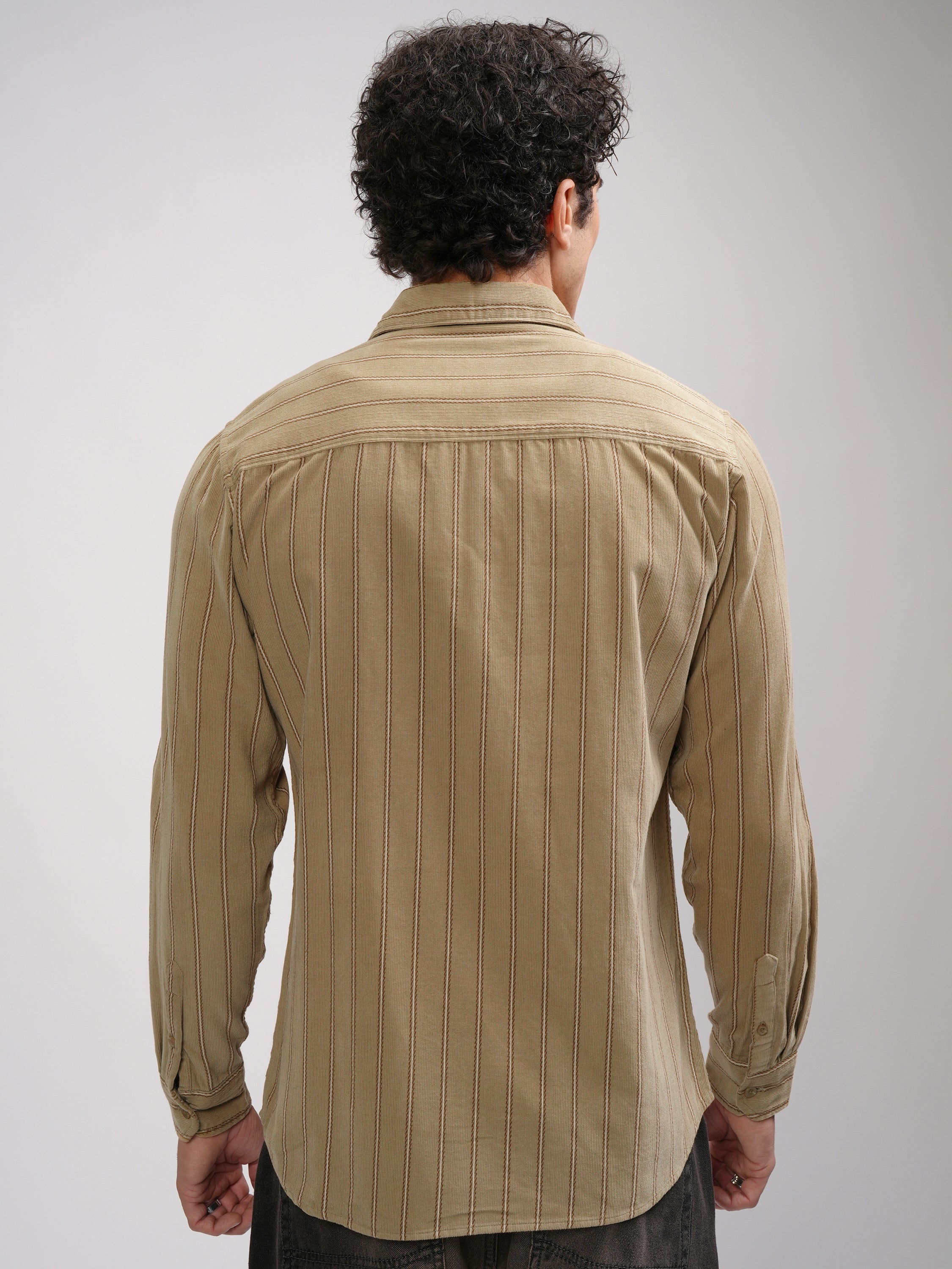 Highlander Men Khaki Striped Slim Fit Casual Shirt - Khaki - Image 3