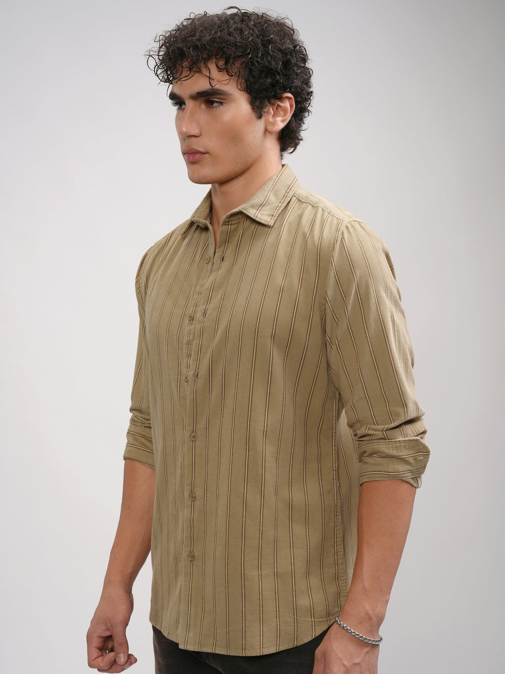 Highlander Men Khaki Striped Slim Fit Casual Shirt - Khaki - Image 4
