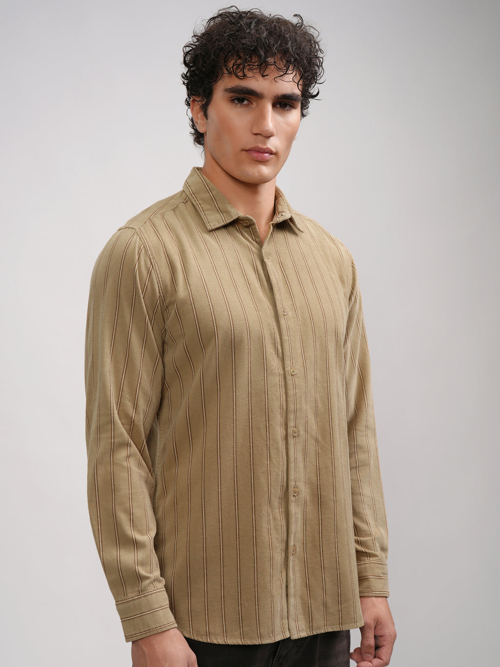 Highlander Men Khaki Striped Slim Fit Casual Shirt - Khaki - Image 6