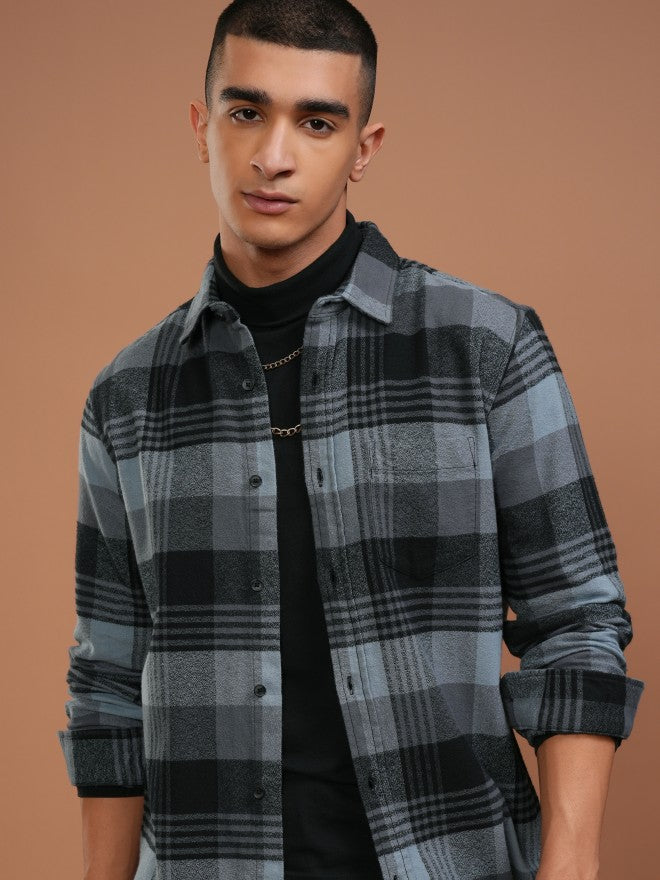 Highlander Men Blue Checked Slim Fit Casual Shirt - Blue - Image 1