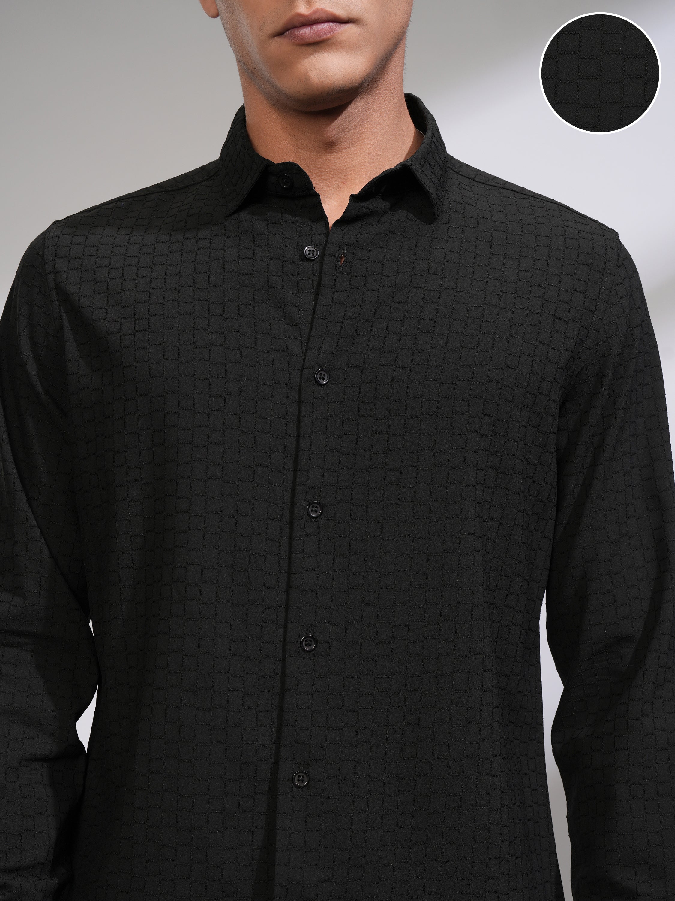 Highlander Men Black Textured Slim Fit Casual Shirt - Black - Image 5