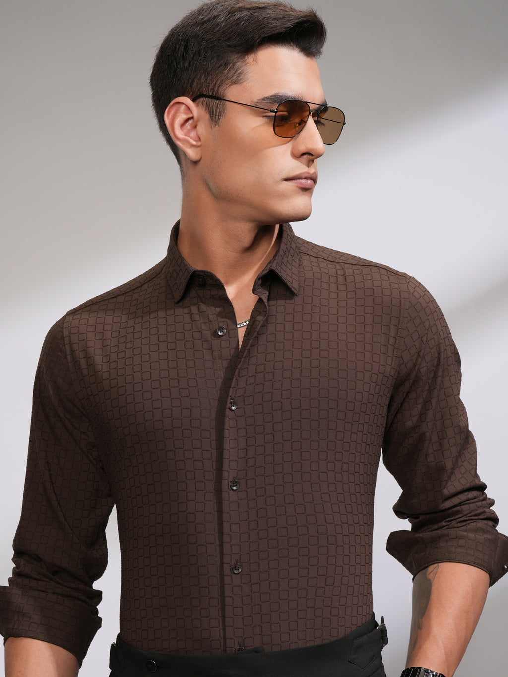 Highlander Men Coffee Brown Self Design Slim Fit Casual Shirt - Coffee Brown - Image 1