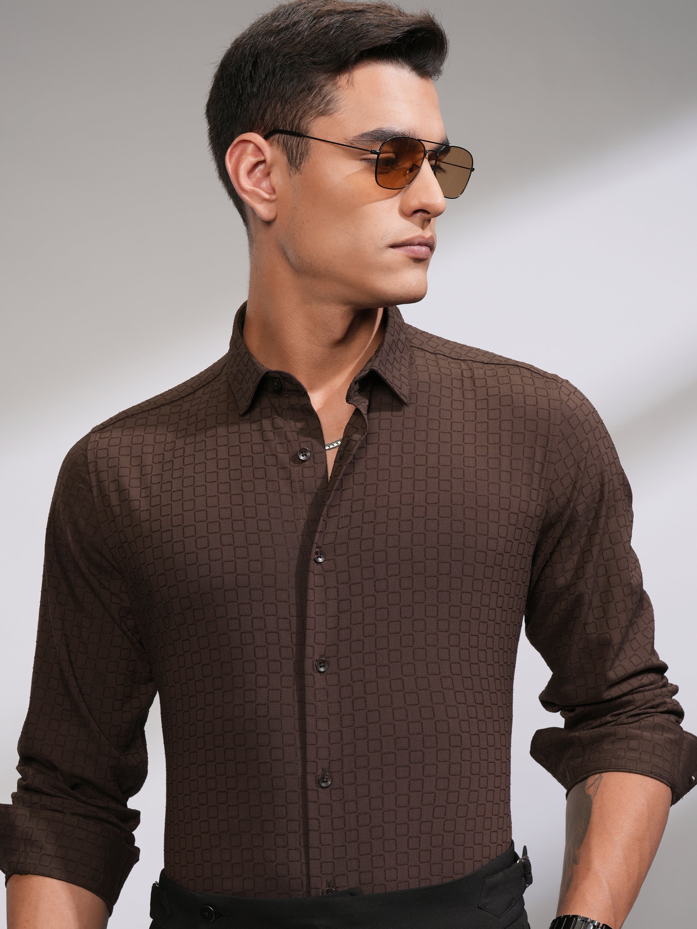 Highlander Men Coffee Brown Self Design Slim Fit Casual Shirt - Coffee Brown - Image 1