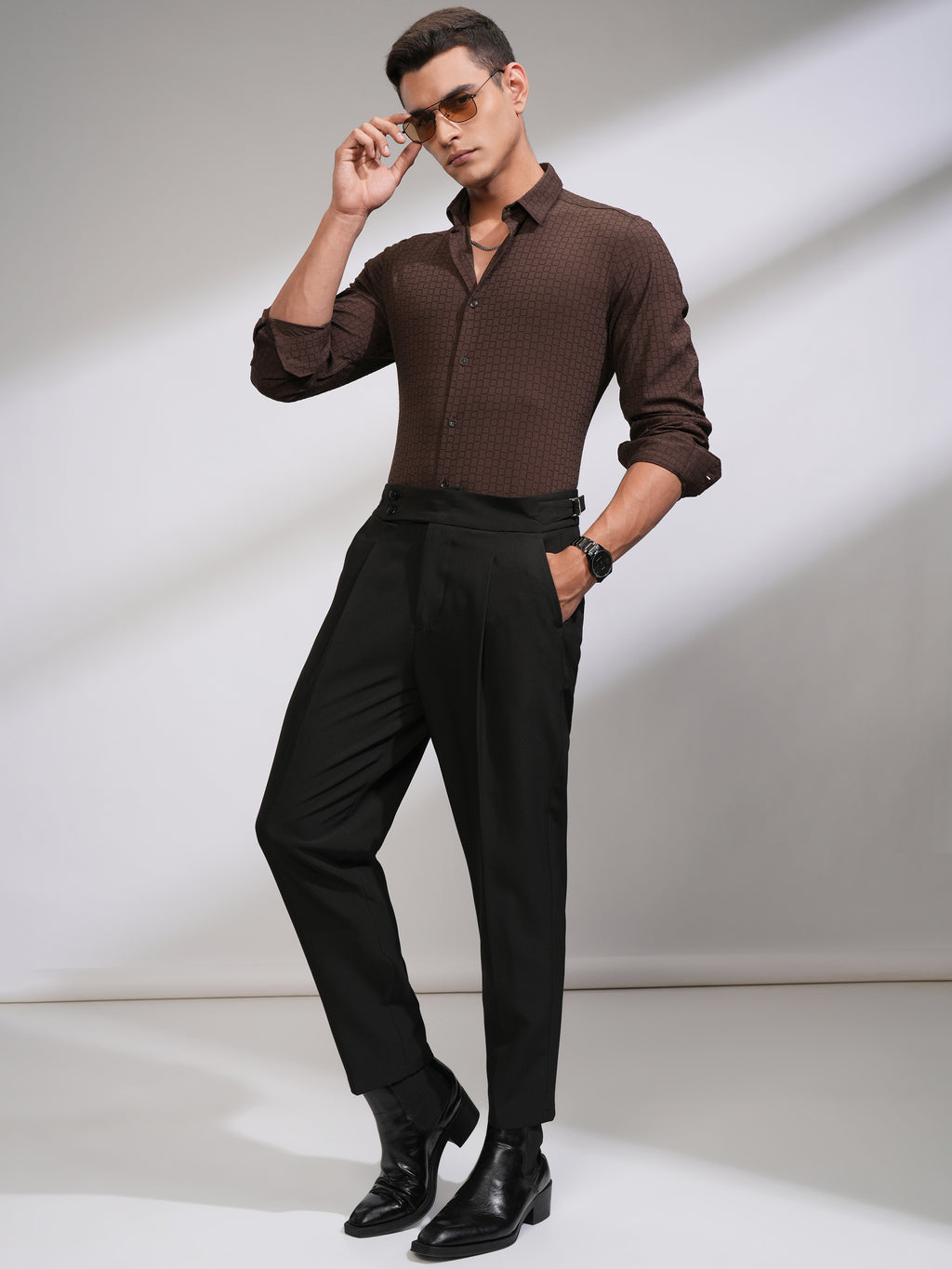 Highlander Men Coffee Brown Self Design Slim Fit Casual Shirt - Coffee Brown - Image 2