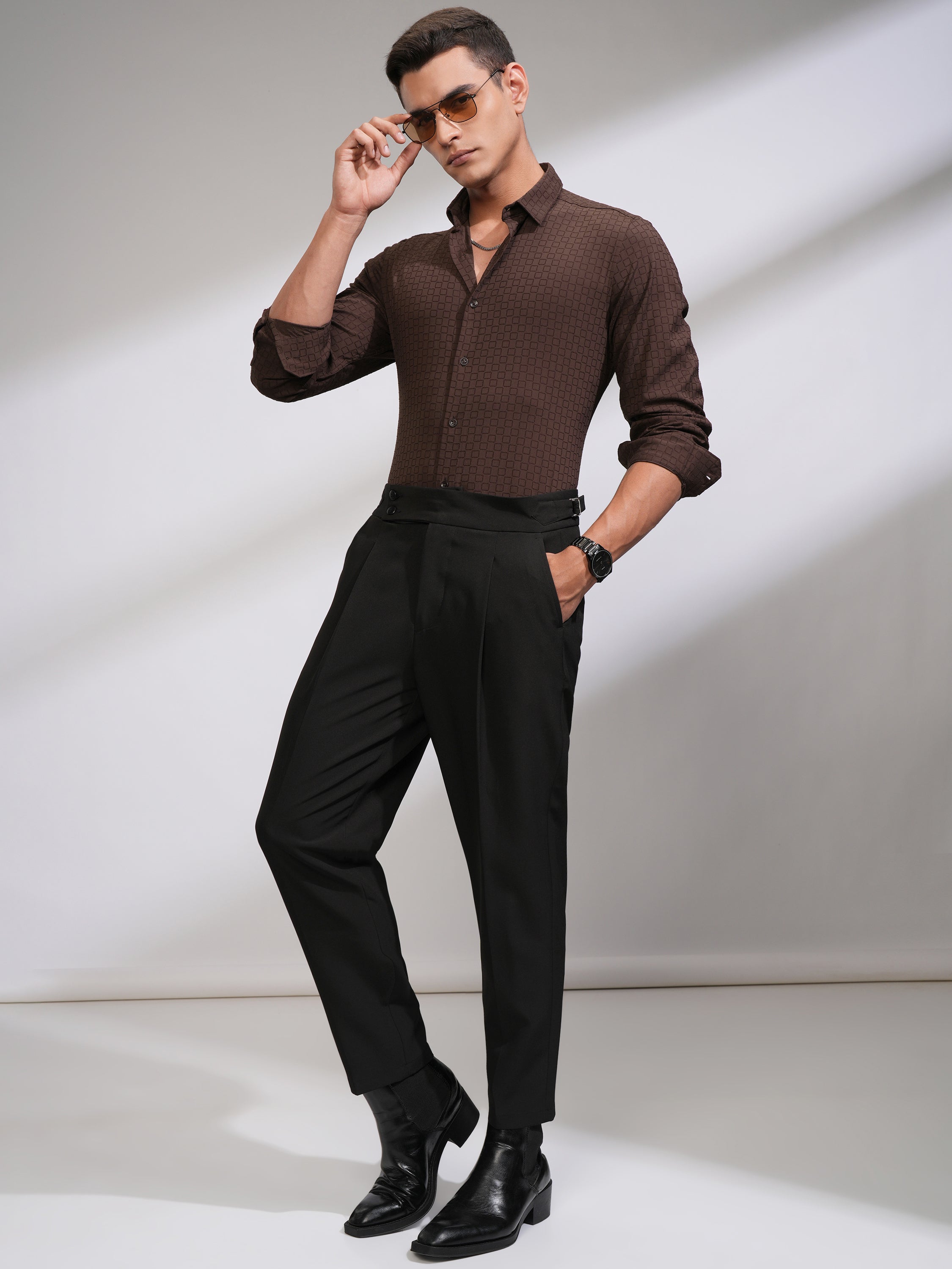 Highlander Men Coffee Brown Self Design Slim Fit Casual Shirt - Coffee Brown - Image 2