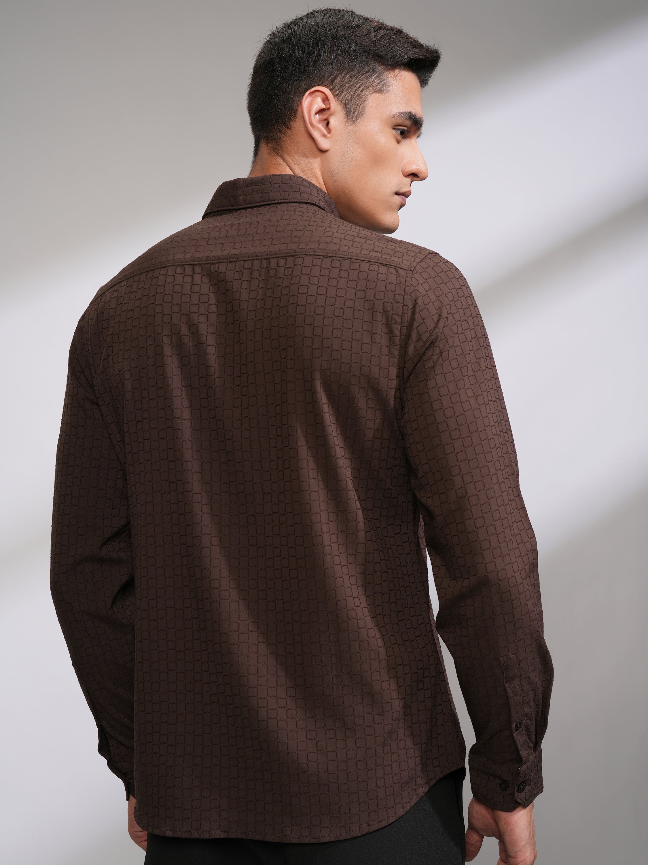 Highlander Men Coffee Brown Self Design Slim Fit Casual Shirt - Coffee Brown - Image 3