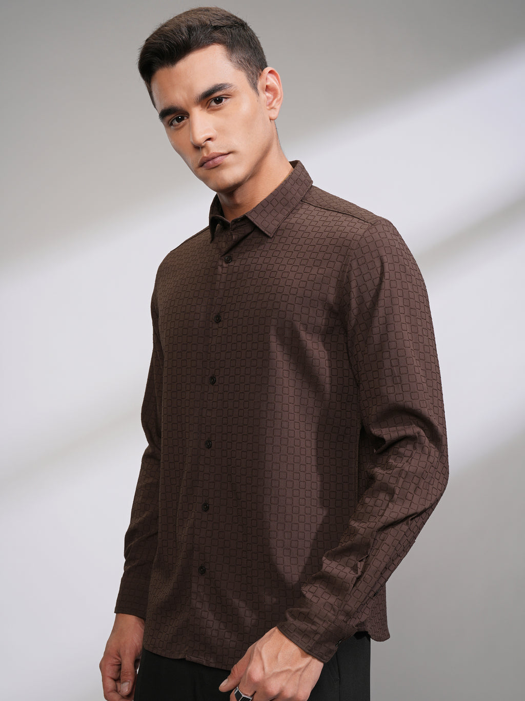 Highlander Men Coffee Brown Self Design Slim Fit Casual Shirt - Coffee Brown - Image 4
