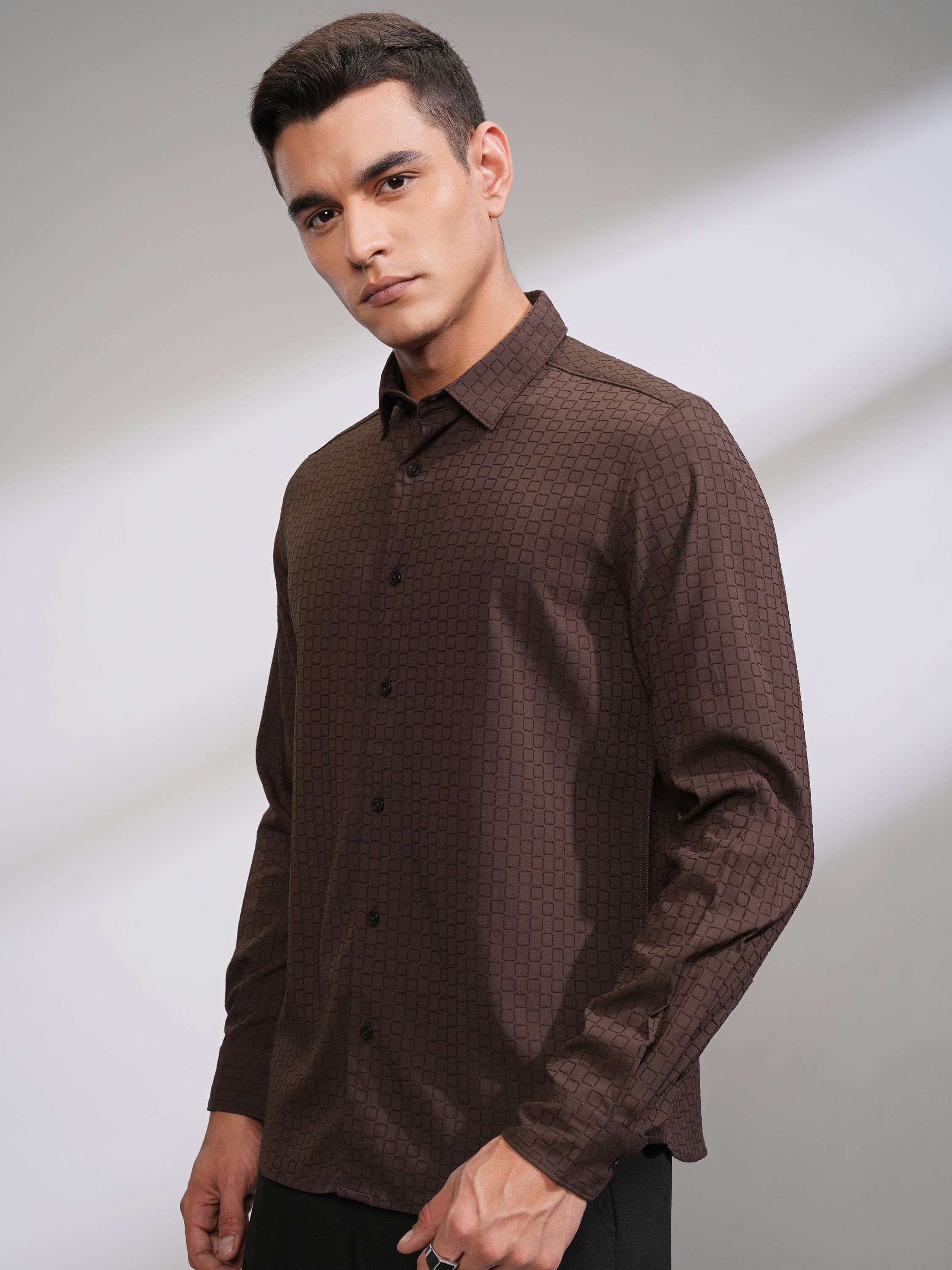 Highlander Men Coffee Brown Self Design Slim Fit Casual Shirt - Coffee Brown - Image 4