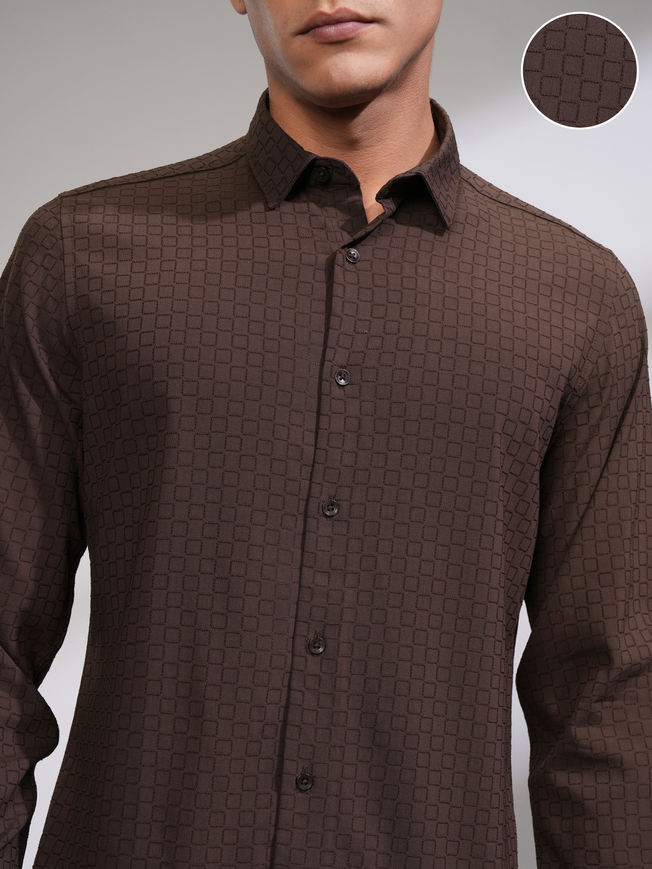 Highlander Men Coffee Brown Self Design Slim Fit Casual Shirt - Coffee Brown - Image 5
