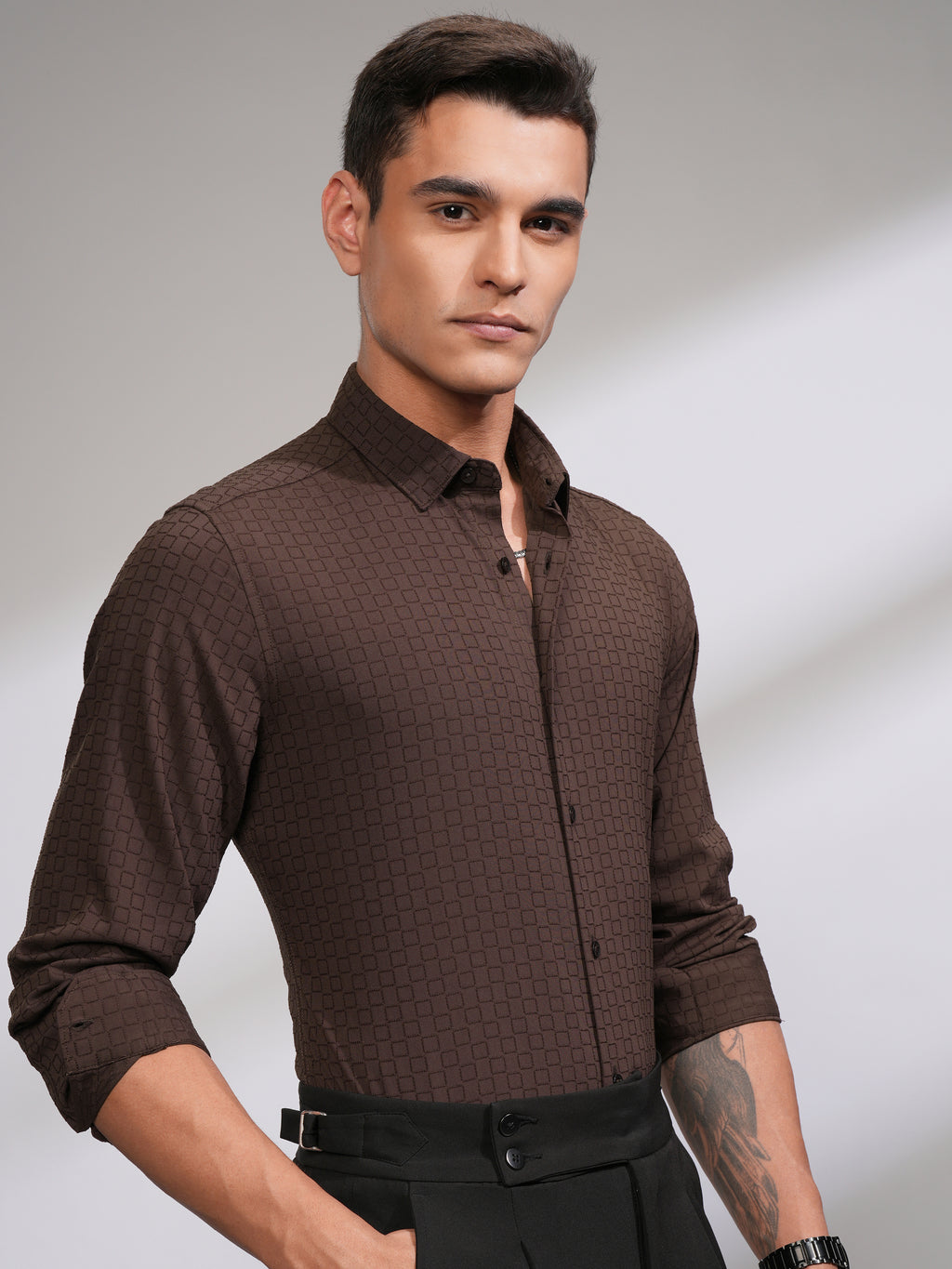 Highlander Men Coffee Brown Self Design Slim Fit Casual Shirt - Coffee Brown - Image 6