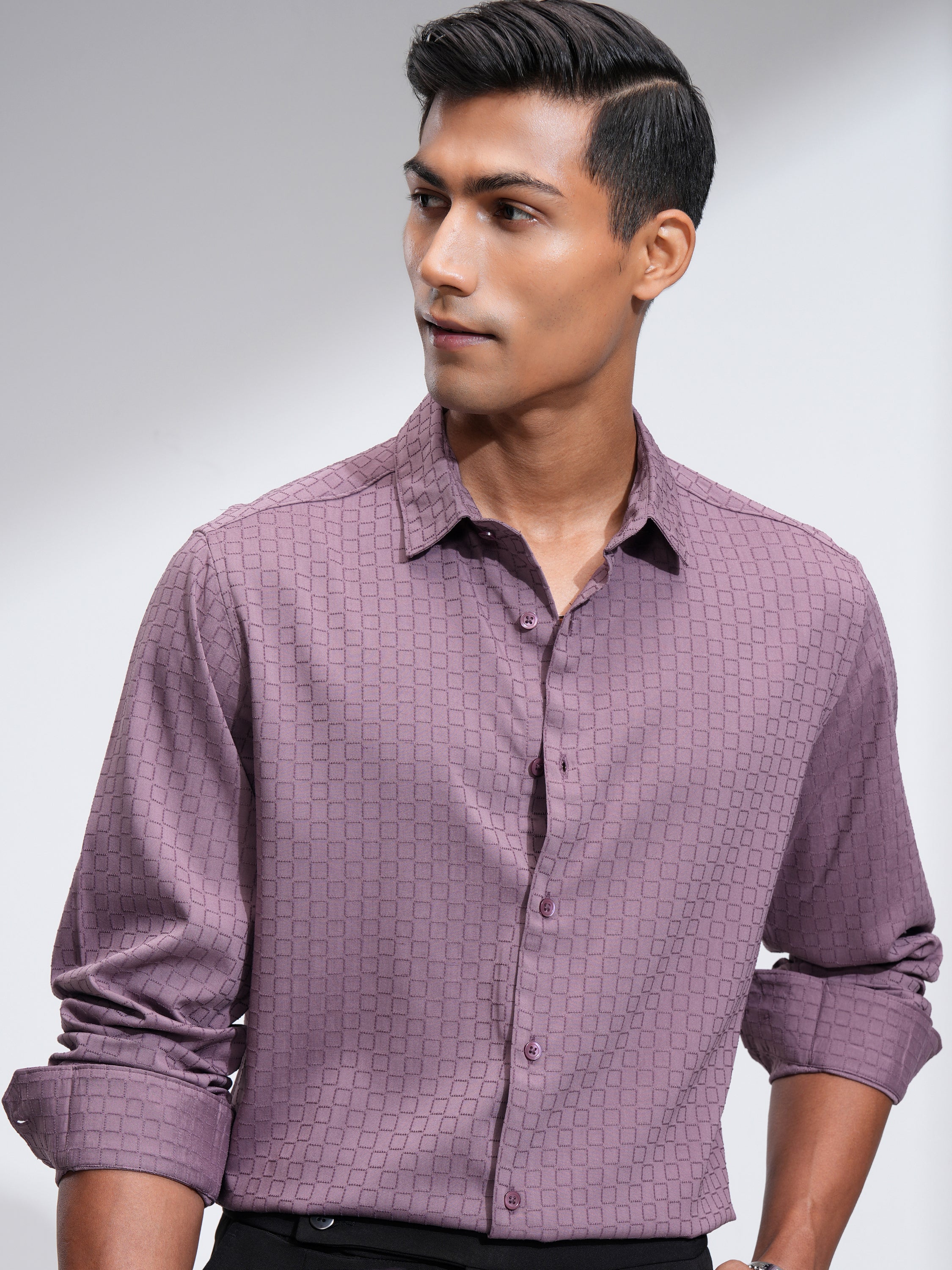Highlander Men Mauve Self Design Slim Fit Casual Shirt - Mauve - Image 1